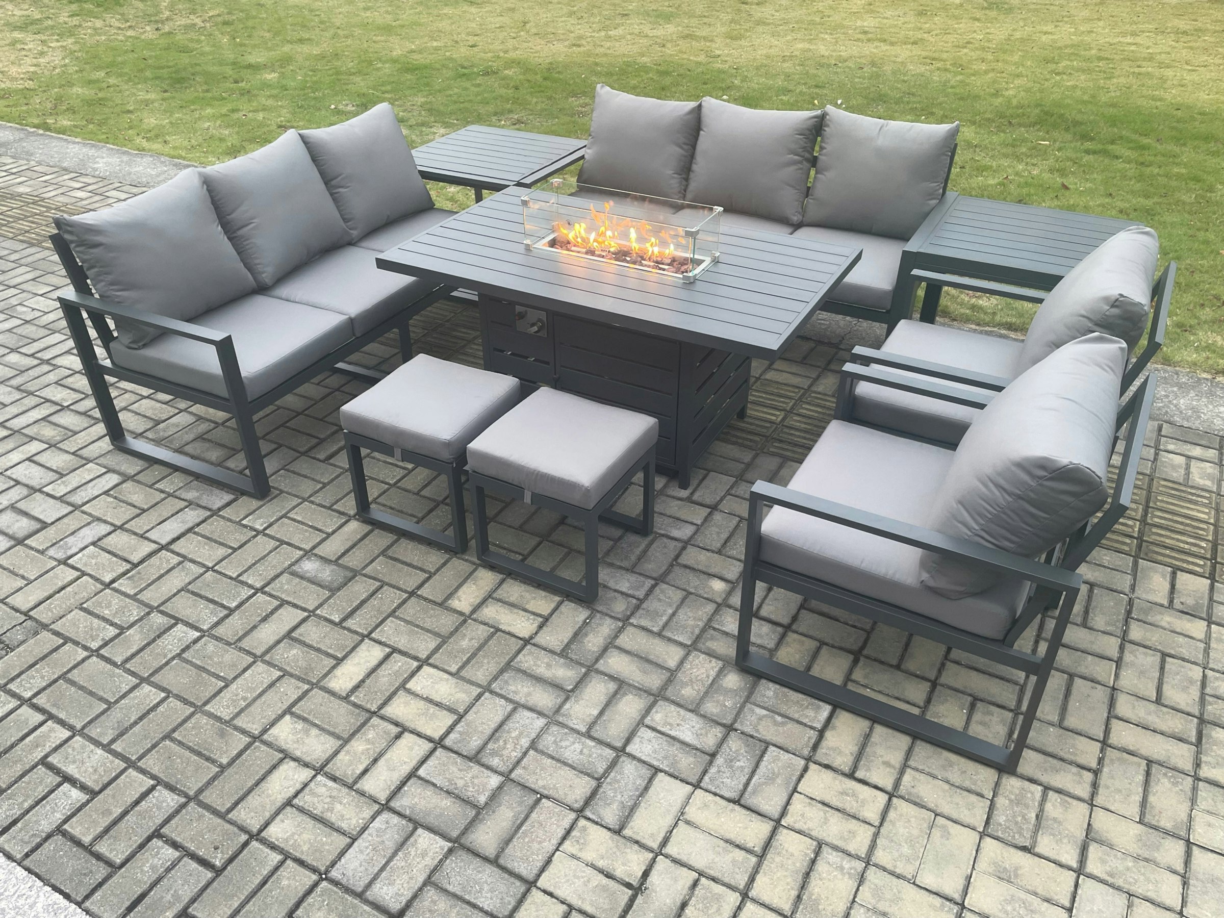 Rackhams Dark/Grey Aluminium Outdoor Garden Furniture Set Patio Lounge Sofa Gas Fire Pit Dining Table Set With 2 Small Footstools 2 Side Tables