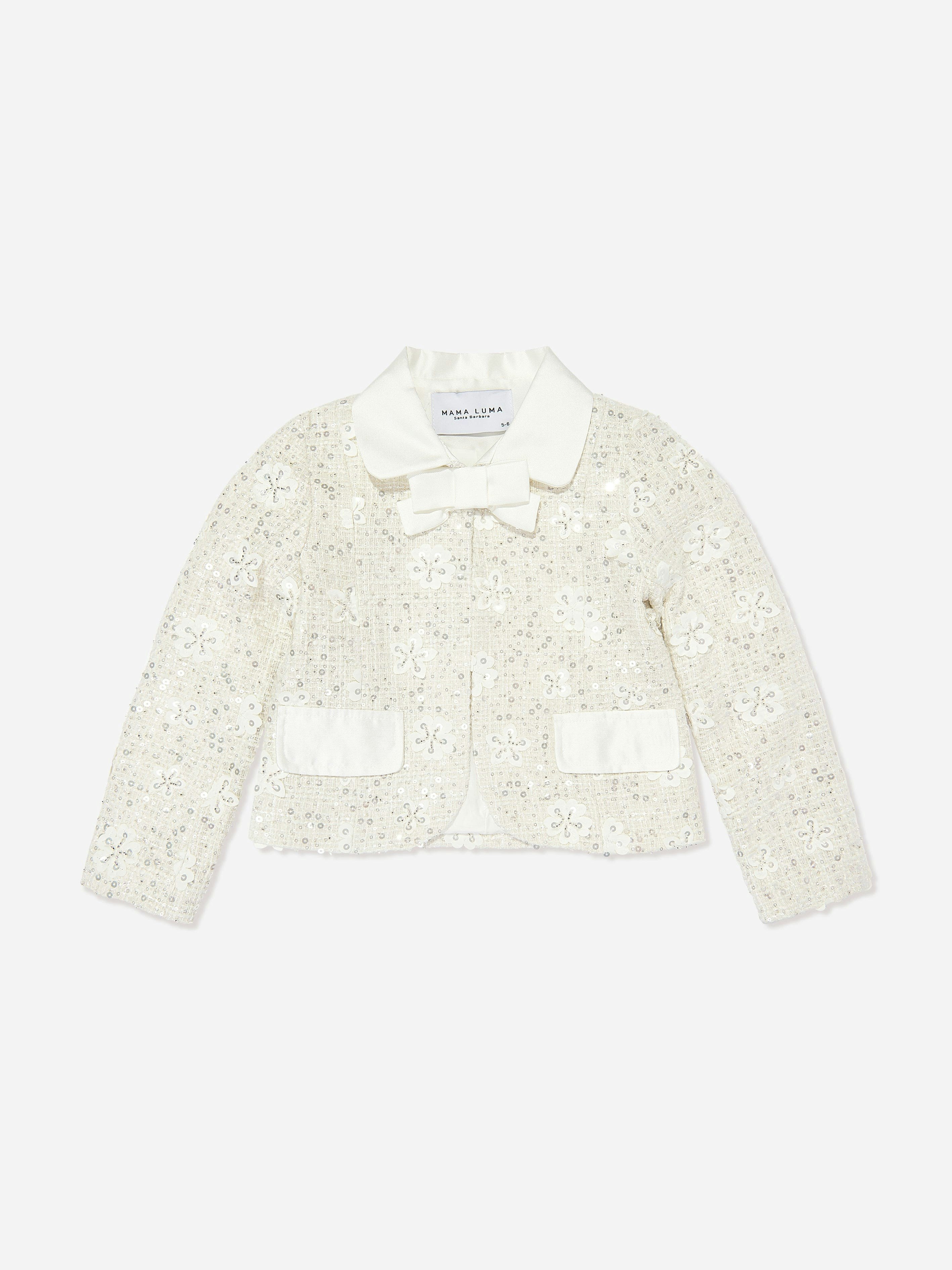 Mama Luma Girls White Sequin Embroidered Jacket In - 5 - 6 Years