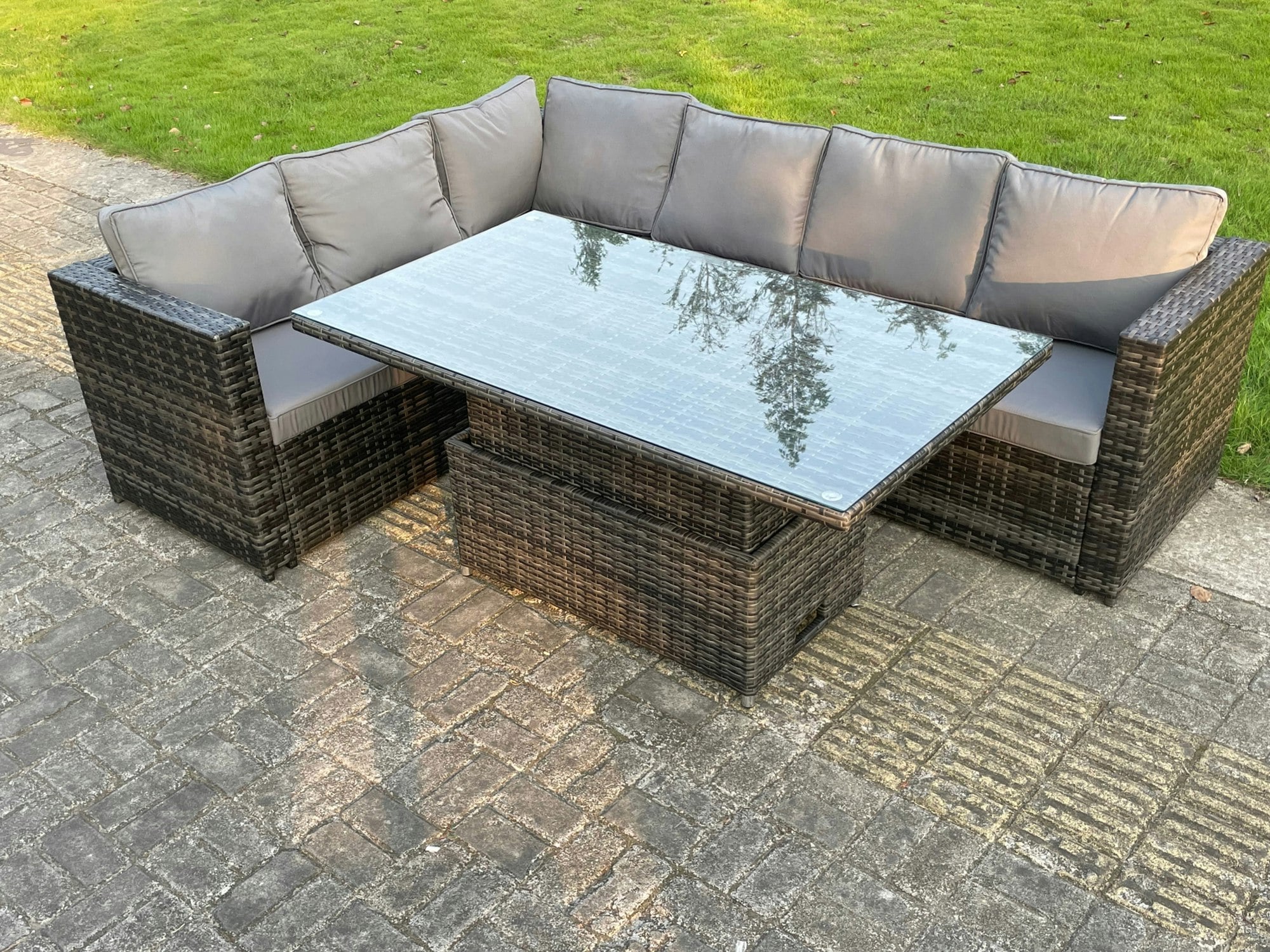 Fimous Dark/Grey 6 Seater Pe Rattan Corner Sofa Set Rising Adjustable Dining Table Set With Seat And Back Cushion