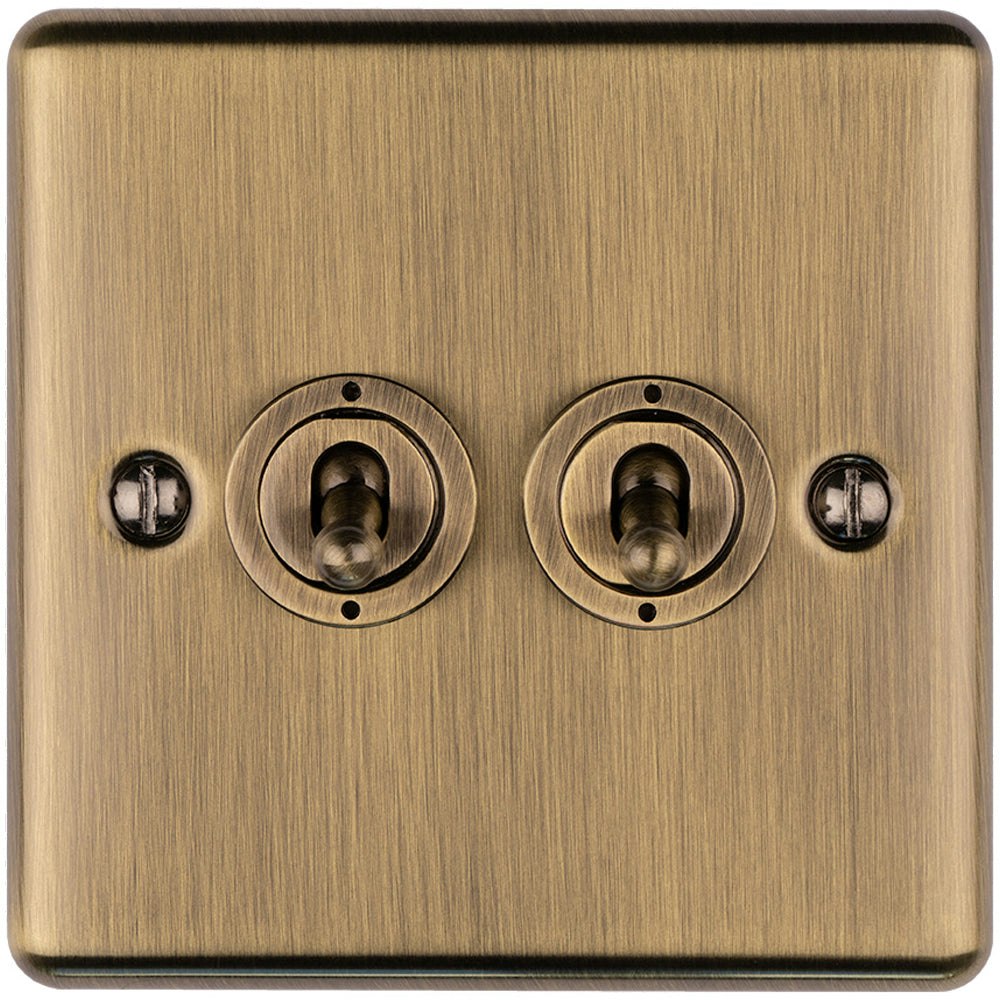 Rackhams Light Gang Double Retro Toggle Switch Antique Brass 10A Way Lever Plate Size 2