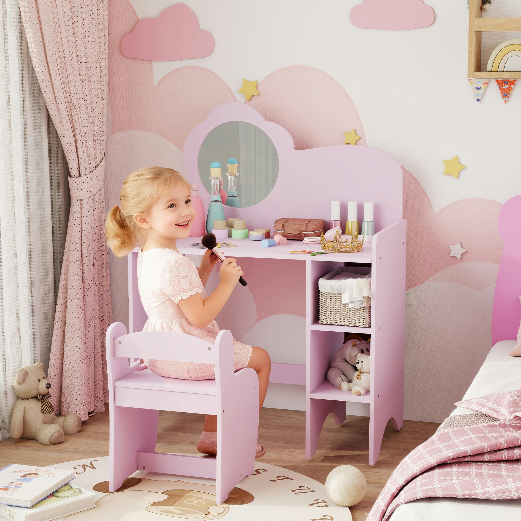Rackhams Purple Kids Dressing Table With Mirror, Stool, Vanity Table