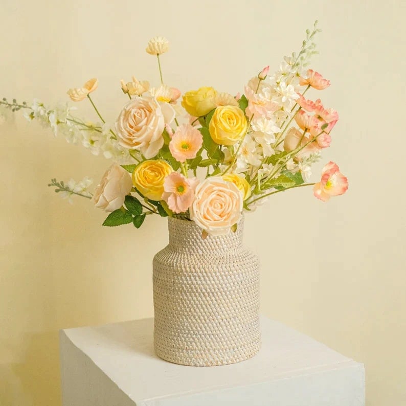 Coastal Villa Homeware White Wicker Woven Vase In 2 Colours - Wash