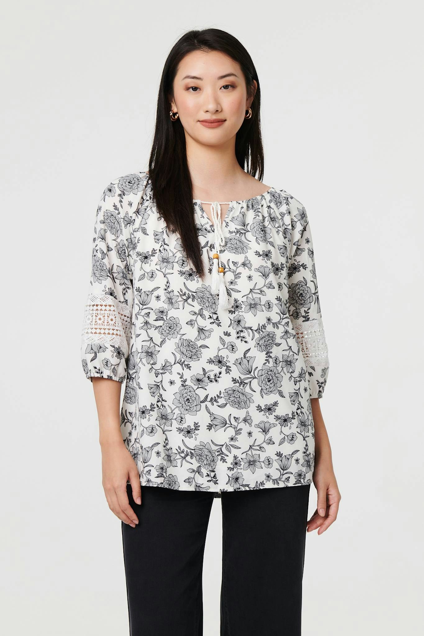 Izabel London White Floral Lace Trim Tie Neck Bardot Blouse - 18