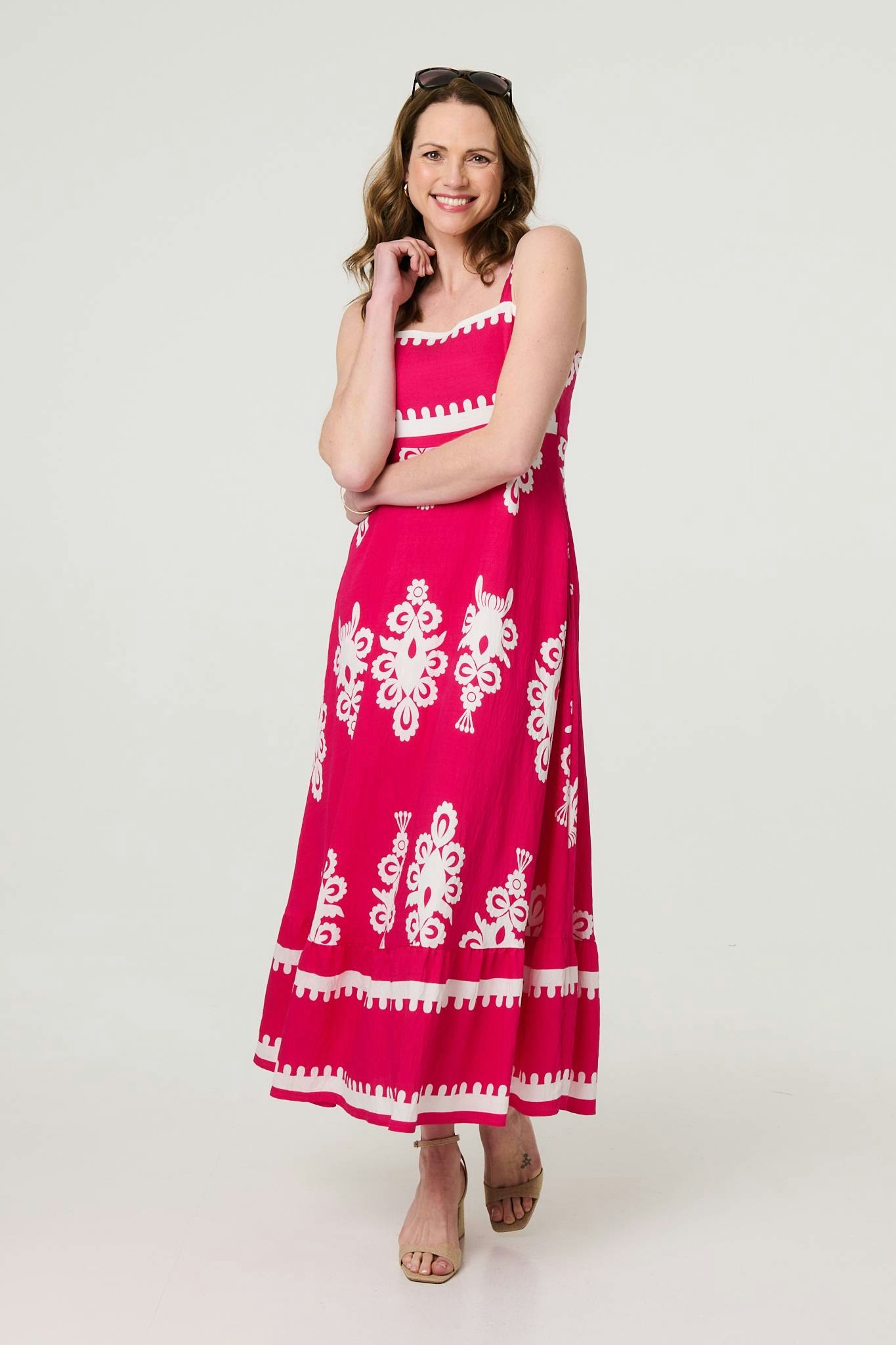 Izabel London Pink Ikat Print Sleeveless A-Line Maxi Dress - 16