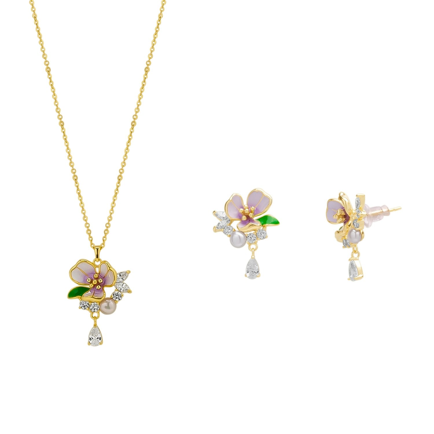 Spero London Silver/Gold Pansy Violet Floral Necklace And Earring Set In Sterling