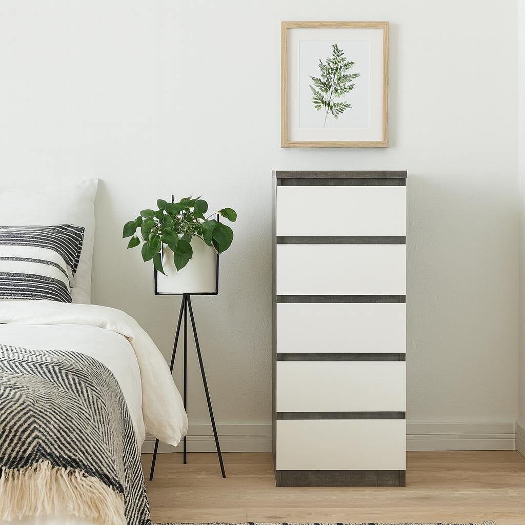 Rackhams White Budapest Concrete Effect And Wood Narrow Chest 5 Drawers