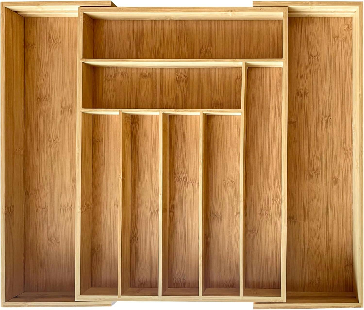 Mantraraj Brown Bamboo Cutlery Drawer Organiser 5-7 Compartment Expandable Cutlery Tray Utensil Holder Drawer Dividers - Bamboo - Natural - Cutlery Drawer Organiser