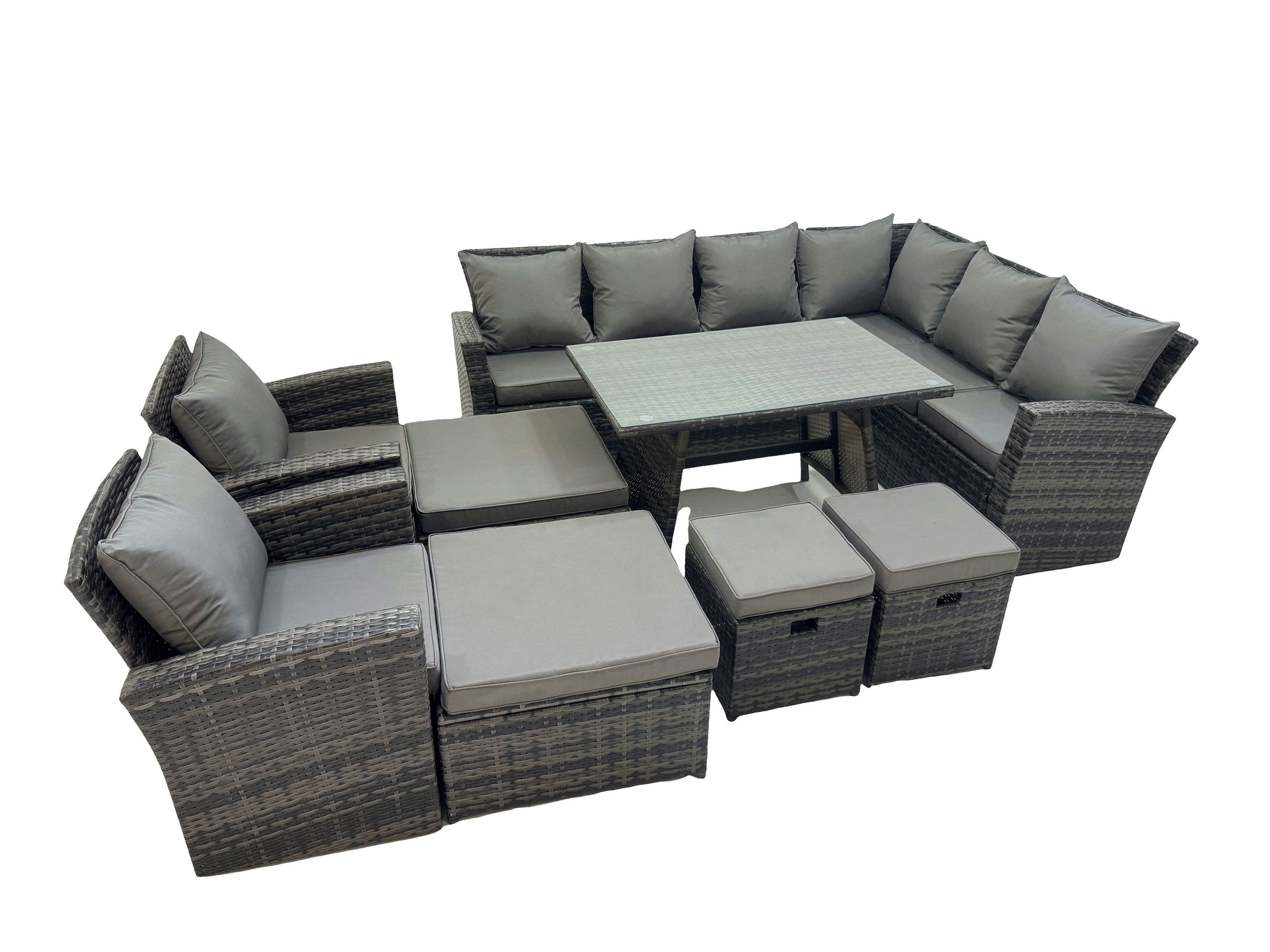 Rackhams Dark/Grey 12 Seater Garden Outdoor Rattan Furniture Set Rattan Corner Sofa Oblong Dining Table With 2 Armchairs 4 Footstools
