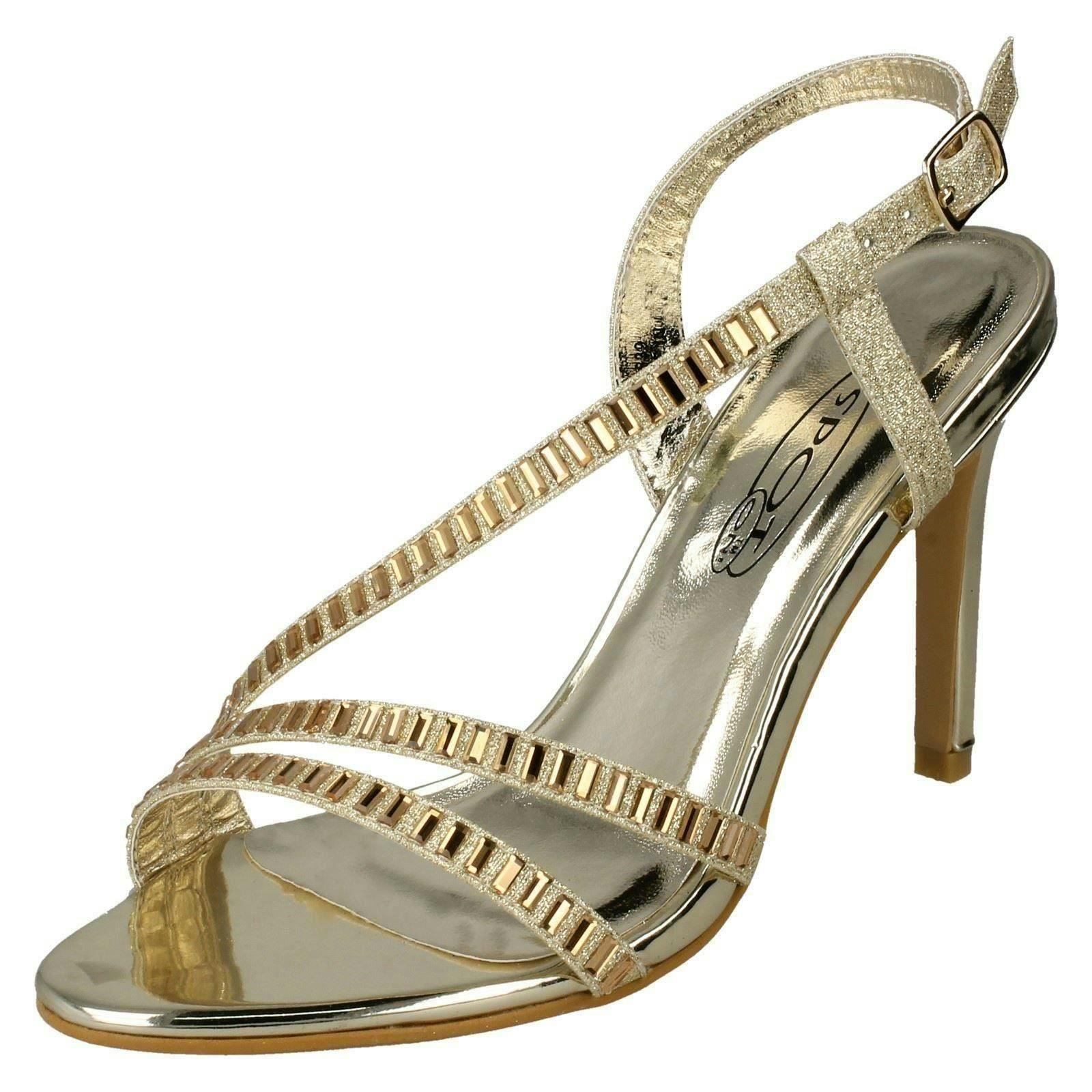 Spot On Women's Gold High Heel Diamante Sandals - Uk 6
