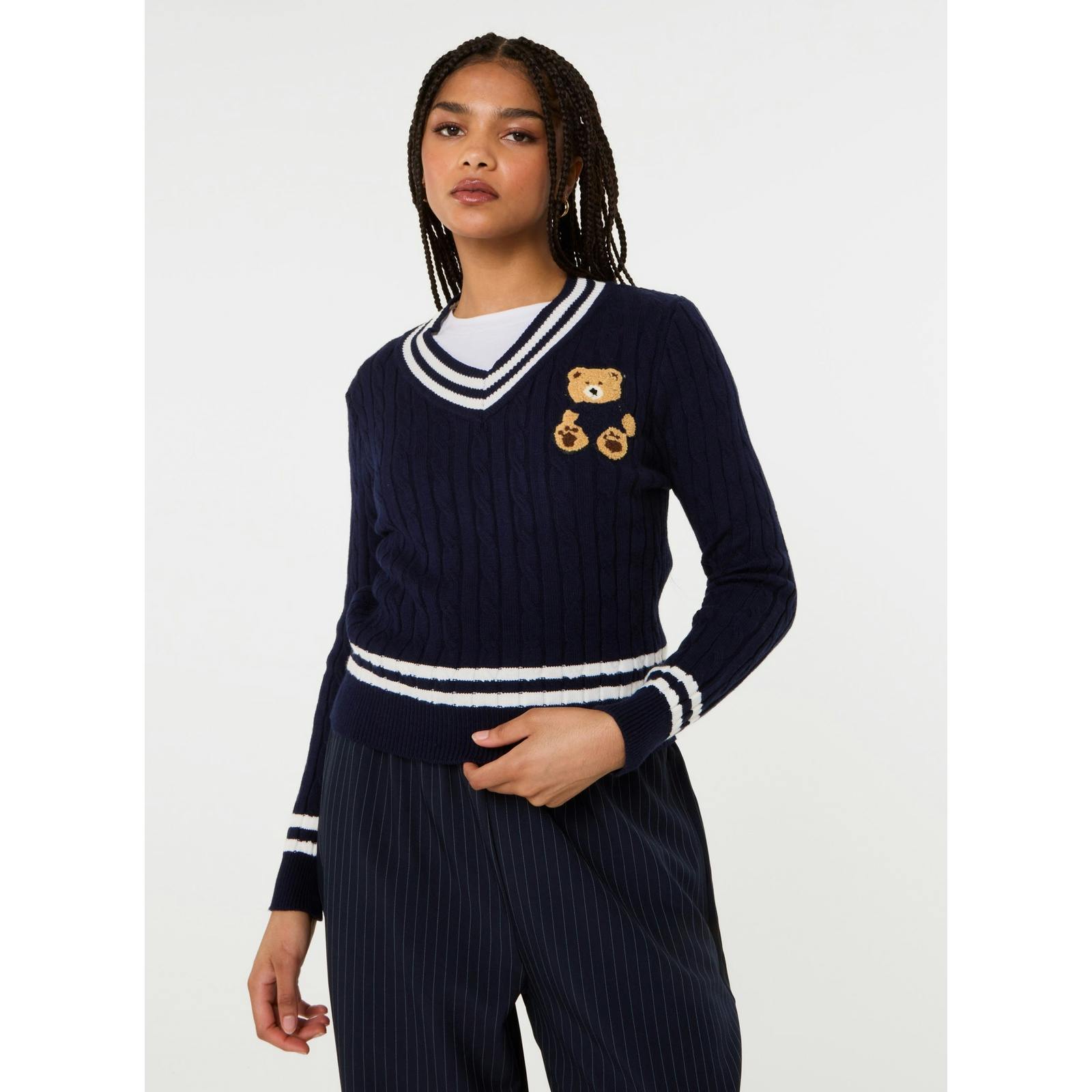 Pink Vanilla Contrast V-Neck Teddy Jumper - M-L - Navy