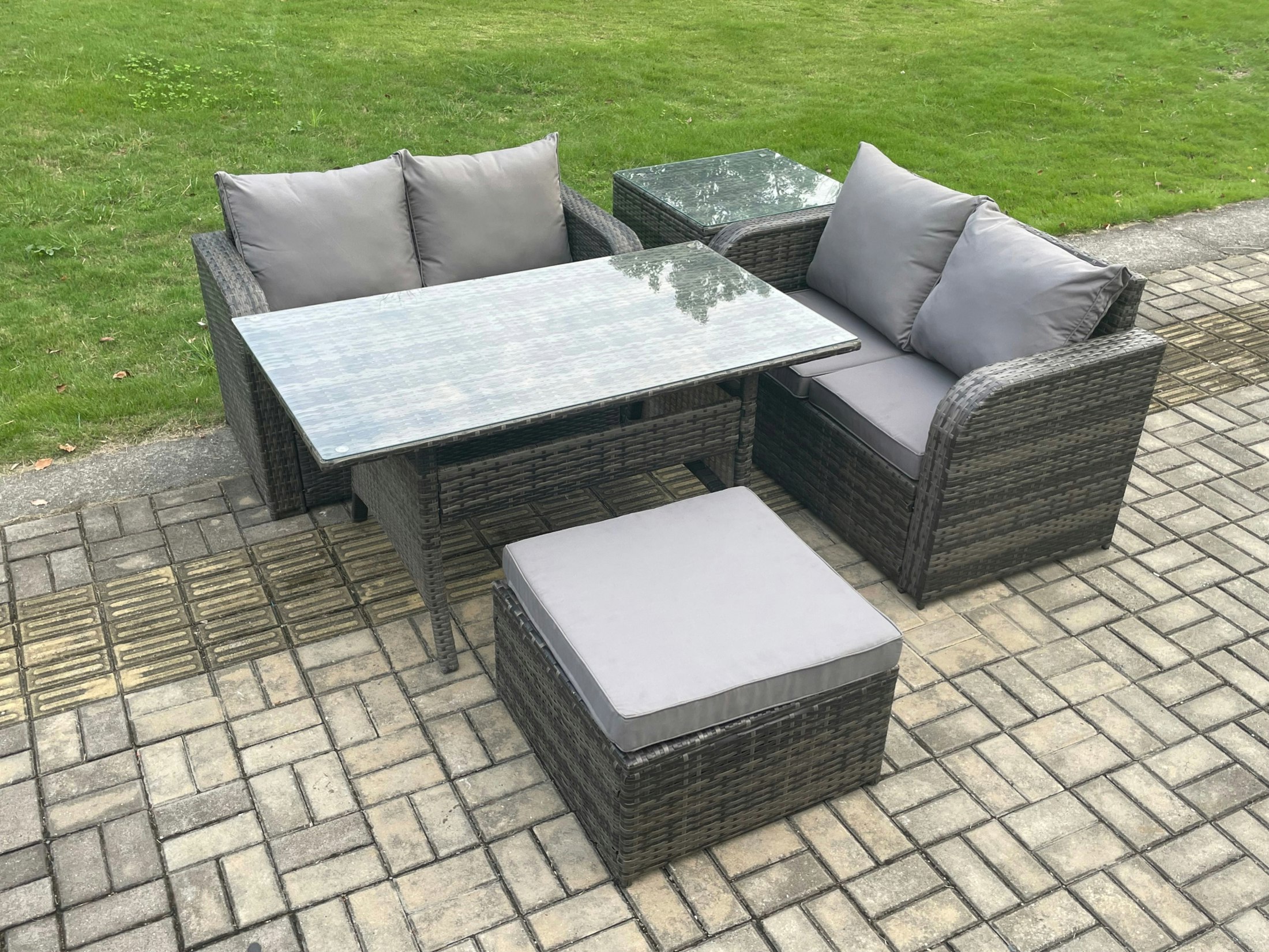 Fimous Dark/Grey Garden Patio Furniture Wicker Rattan Oblong Rectangular Dining Table And Loveseat Sofa Set With Side Table Big Footstool Mixed