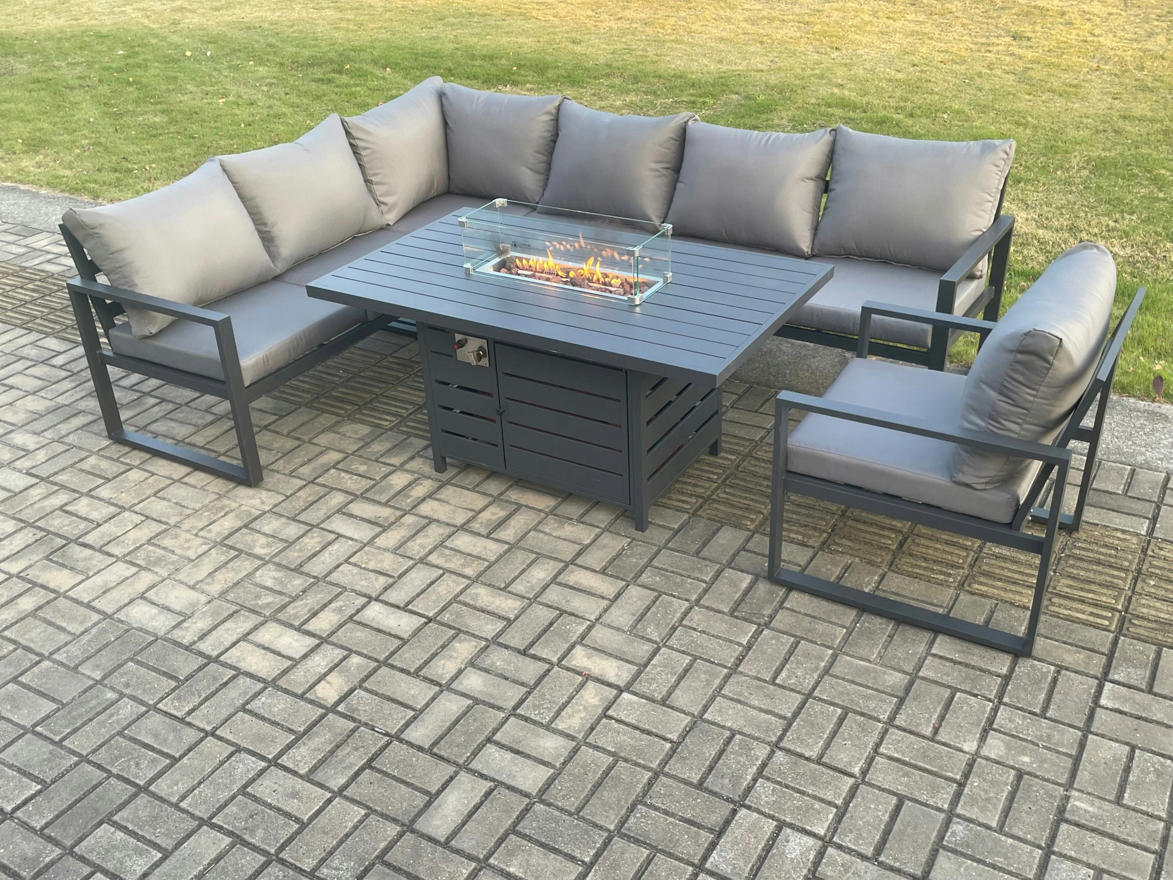 Fimous Dark/Grey Aluminium Outdoor Garden Furniture Corner Sofa Gas Fire Pit Dining Table Sets Gas Heater Burner With Chair 7 Seater