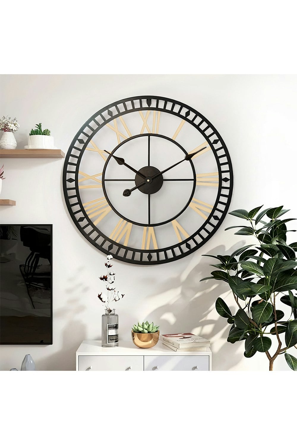 Rackhams Black/Gold 80Cm Dia Frame Roman Numeral Hollow 60 Scale Wall Clock