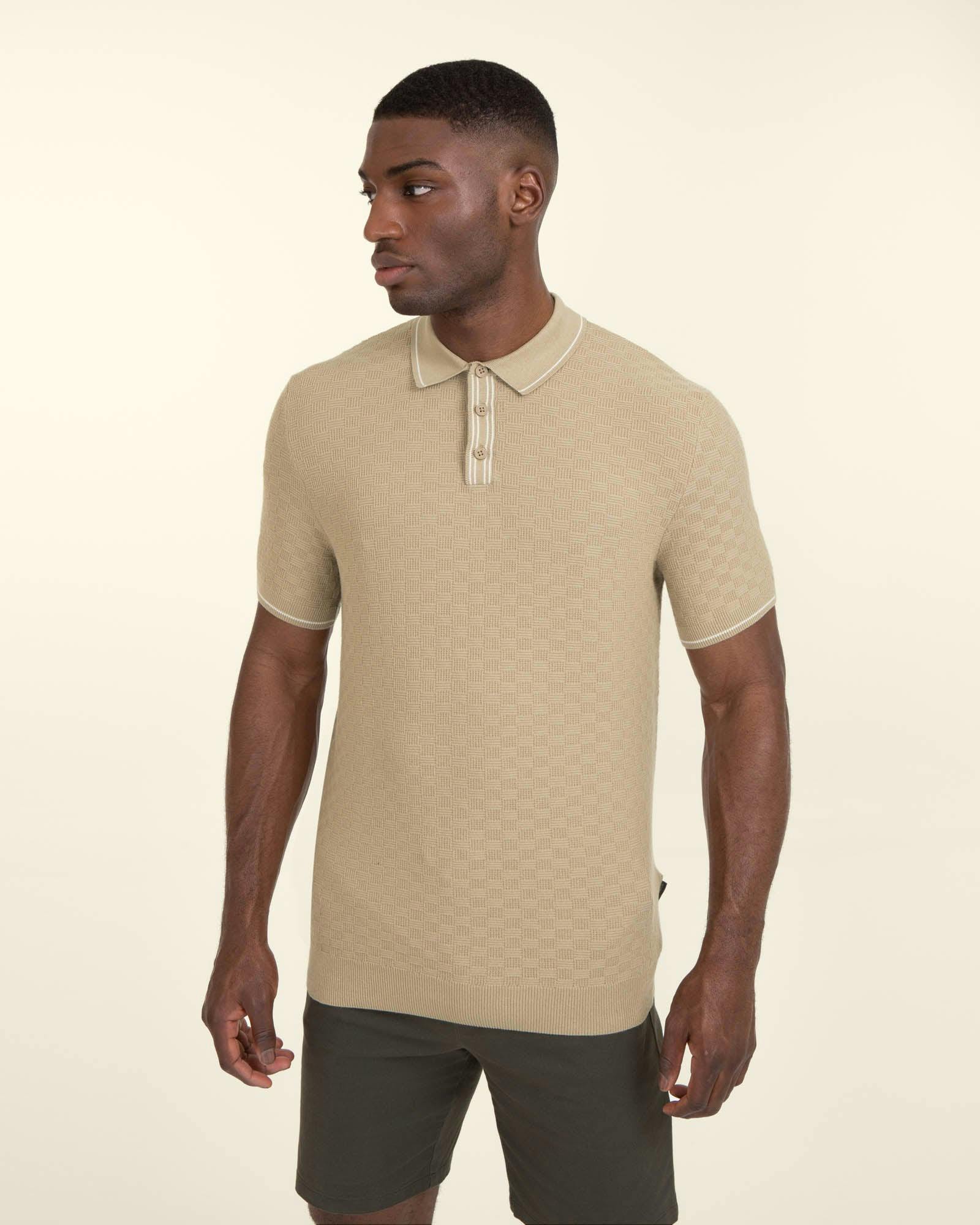 Larsson & Co Basket Weave Knitted Polo Shirt - S - Stone