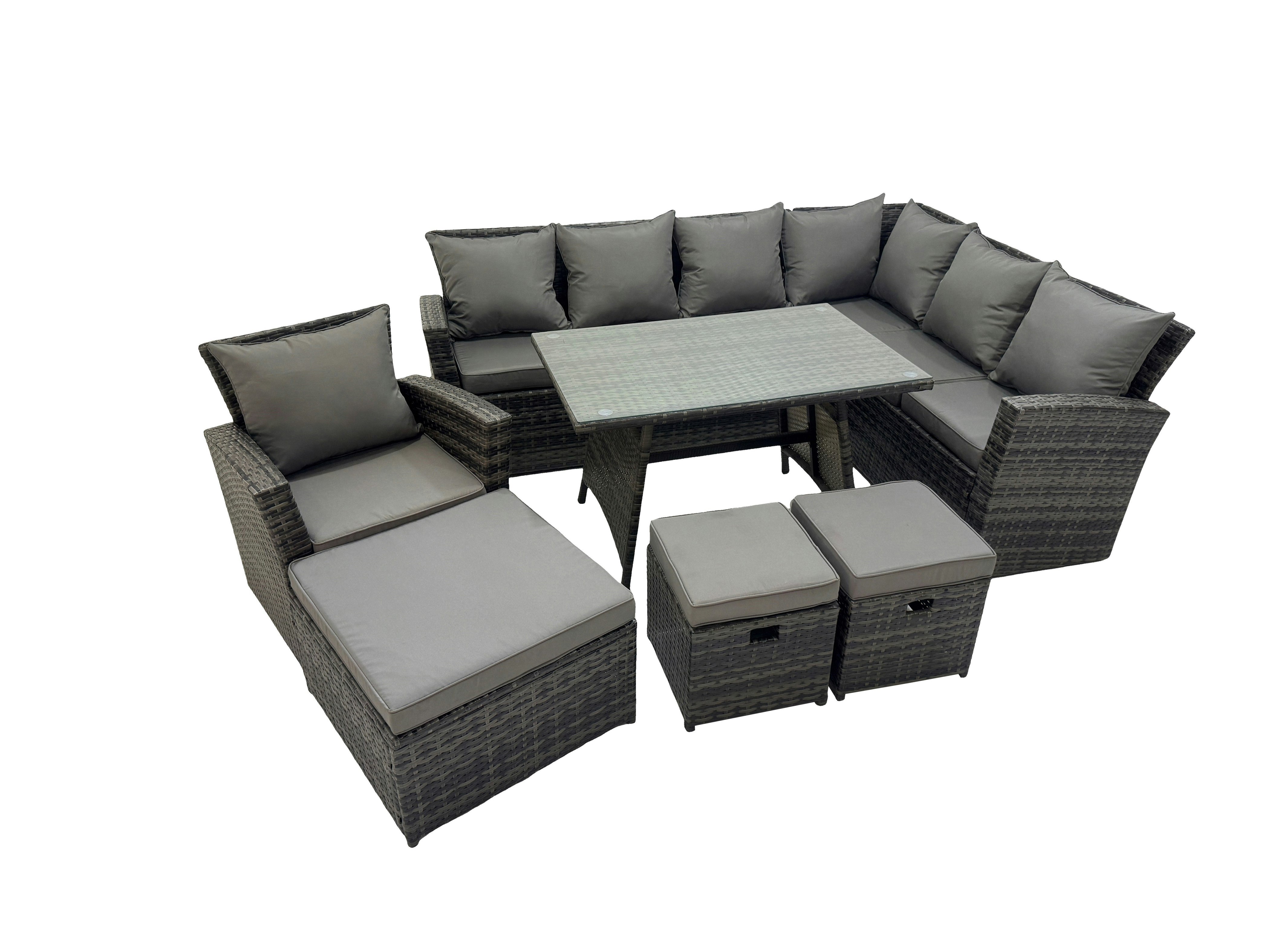 Rackhams Dark/Grey 10 Seater Garden Outdoor Rattan Furniture Set Rattan Corner Sofa Oblong Dining Table With Armchair 3 Footstools Mixed