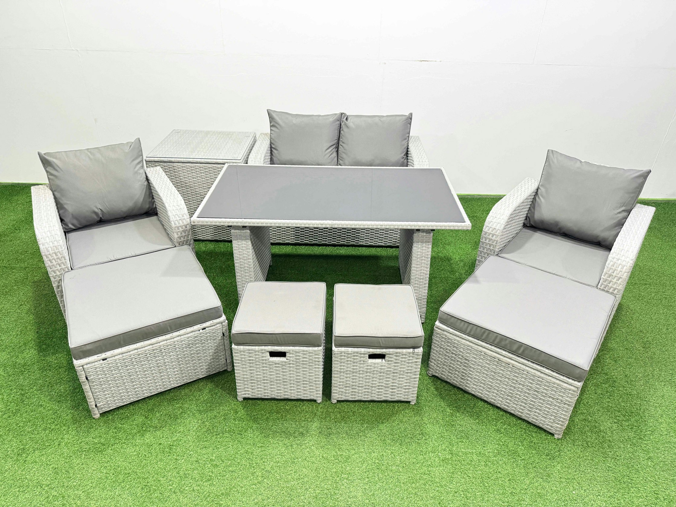 Rackhams Light/Grey 8 Seater Patio Garden Furniture Sets With Dining Table Love Sofa Side Table 4 Stools