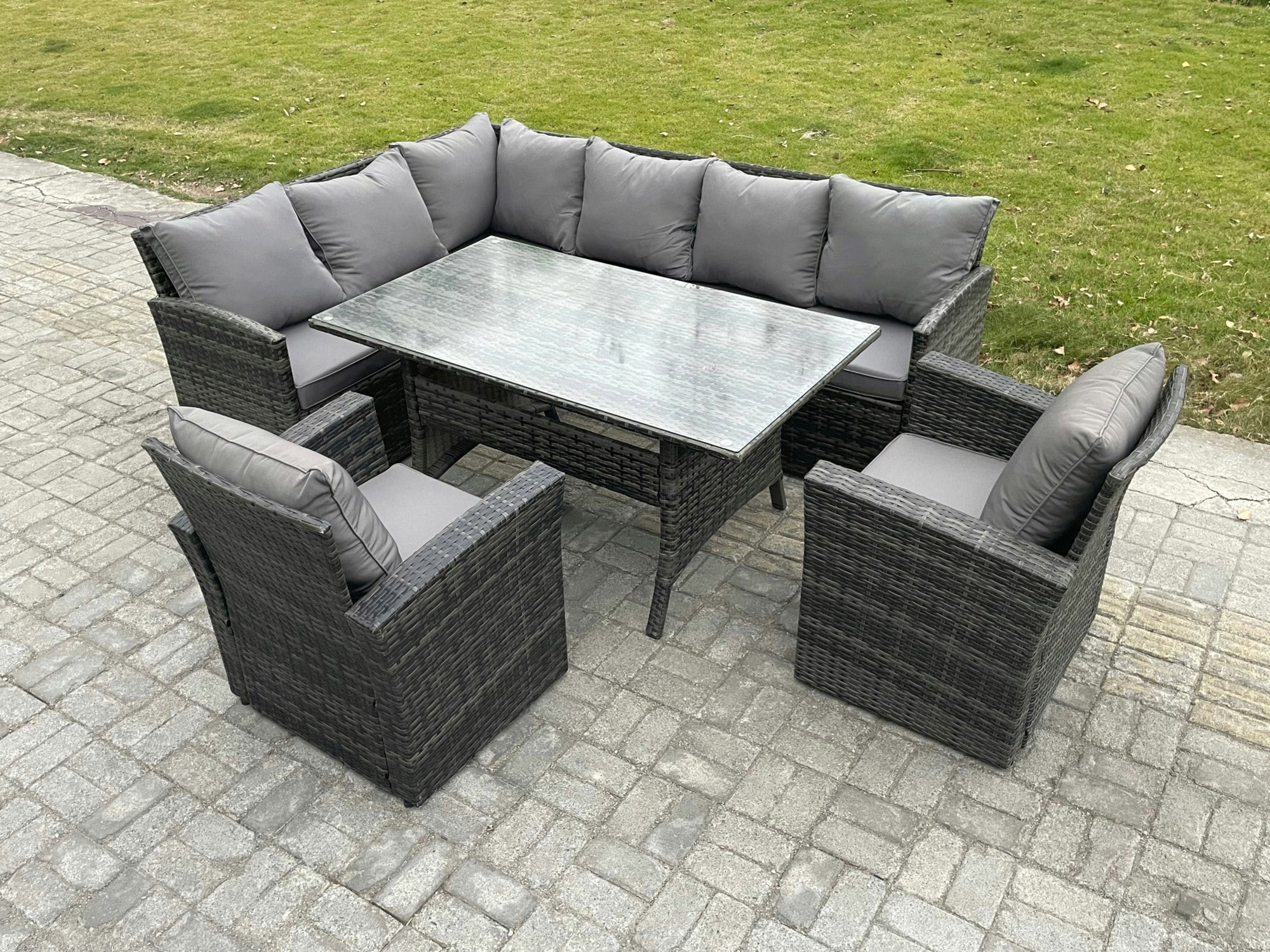 Fimous Dark/Grey 8 Seater Outdoor Rattan Garden Furniture Set With Rectangular Dining Table 2 Armchairs Patio Wicker Corner Sofa Set Mixed