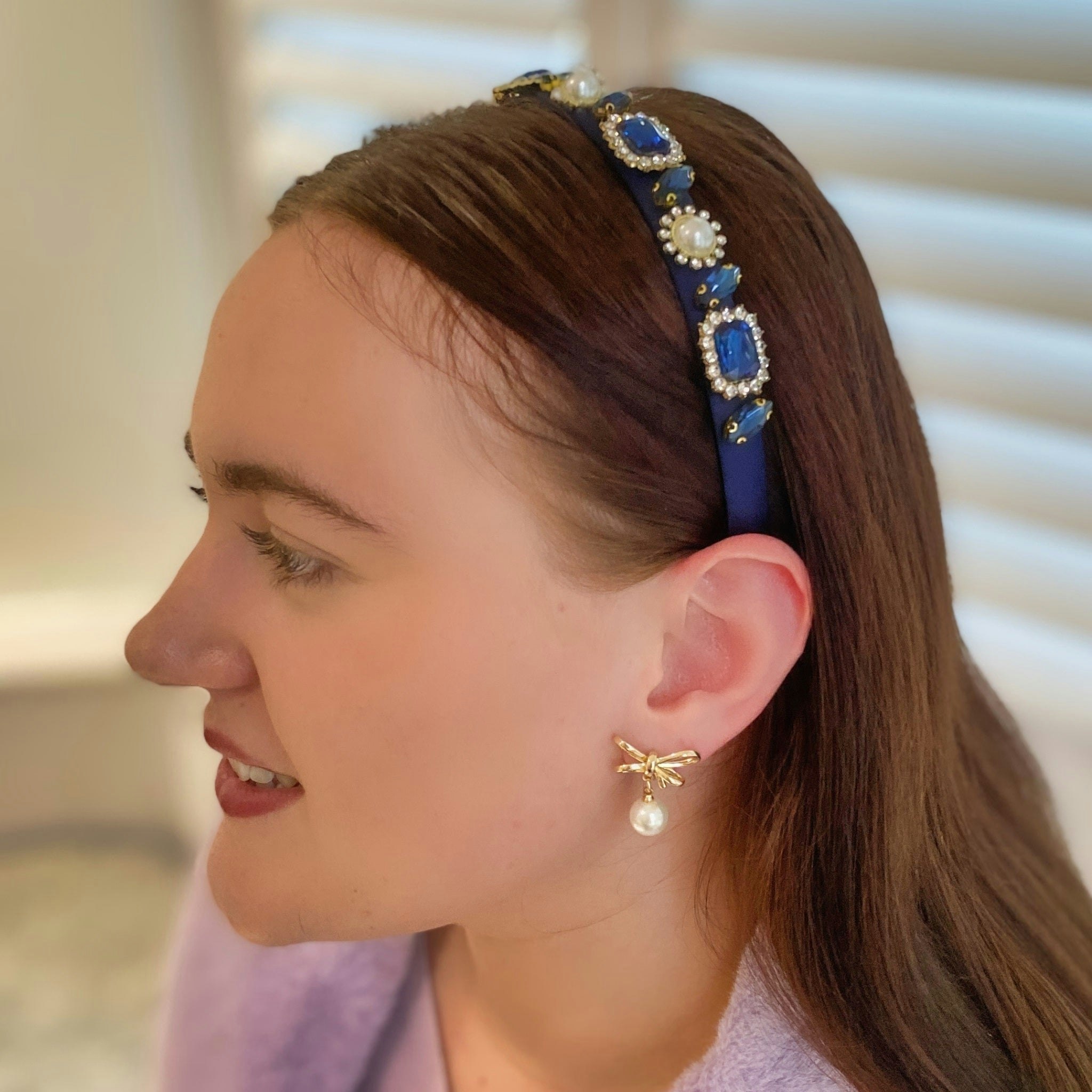 Queenmee Accessories Navy Headband With Pearls Slim Headband