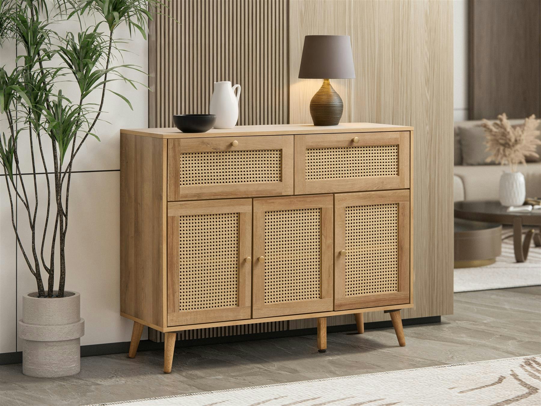 Rackhams Manila Rattan 3 Door 2 Drawer Sideboard - Oak And Pvc Rattan