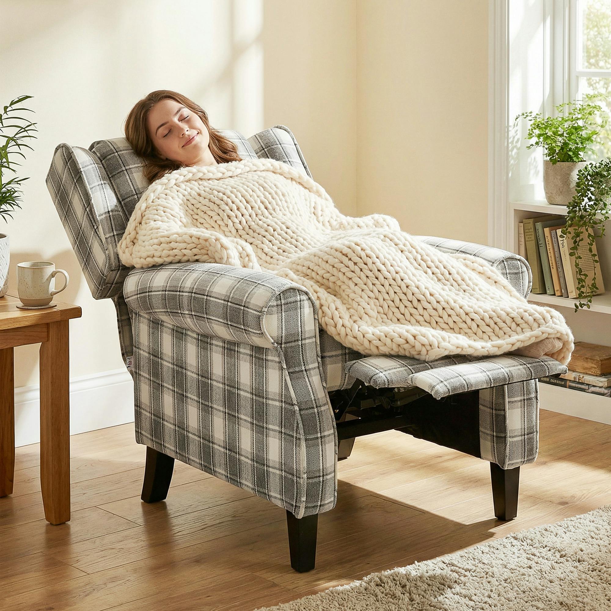 Rackhams Grey/White Recliner Chair For Living Room Wingback Chair With Padded Armrest - Rubber Wood - And - Checked Linen-Look Fabric