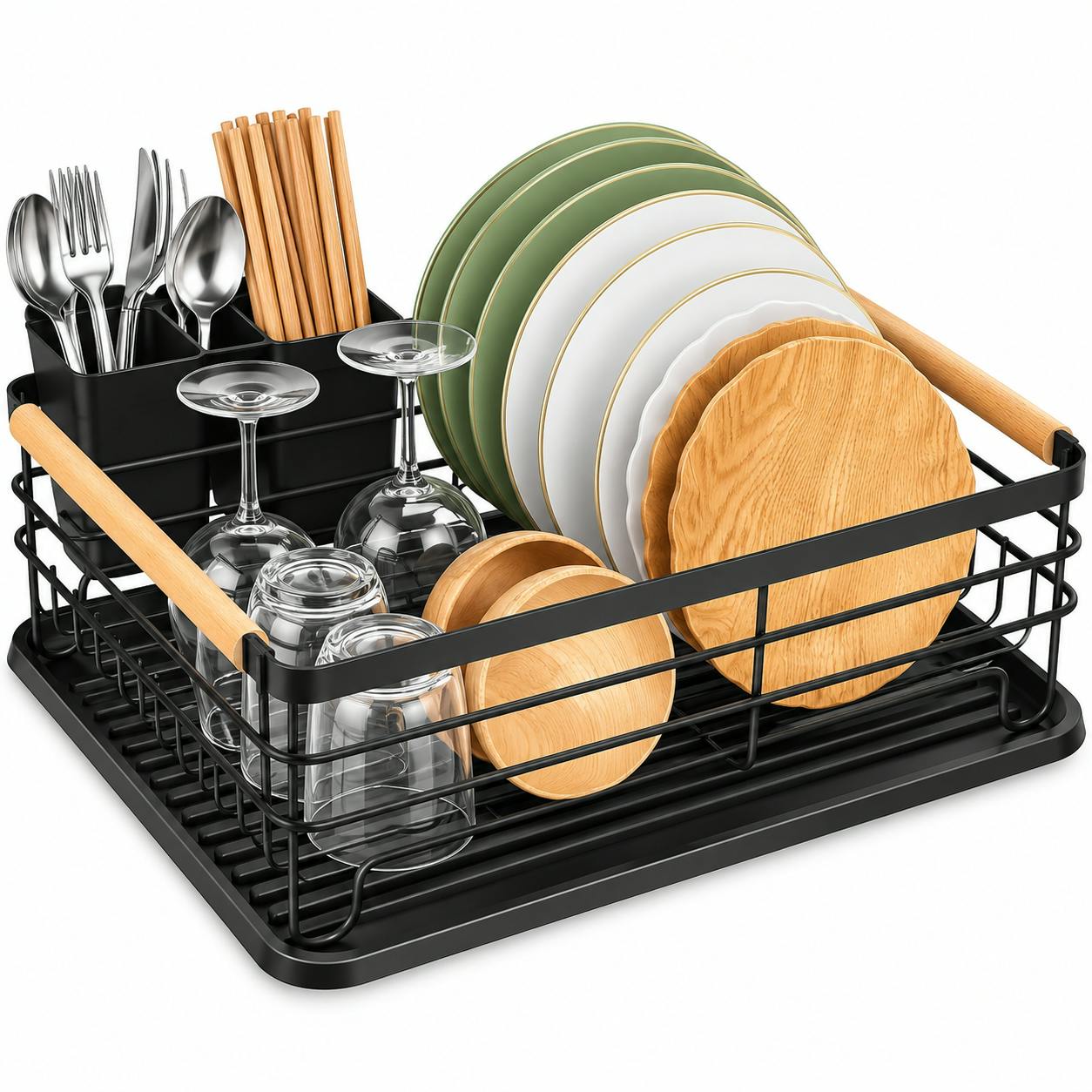 Atek Black Dish Drying Rack With Drain Tray, Cutlery Holder & Wooden Handles - Image 3