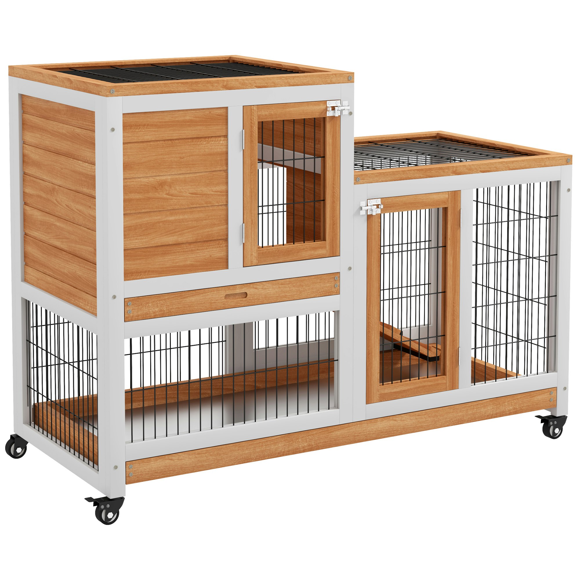 Pawhut Yellow Wooden Indoor Rabbit Hutch Elevated Bunny Cage W/ Enclosed Run Wheel - Fir Wood - Size 1