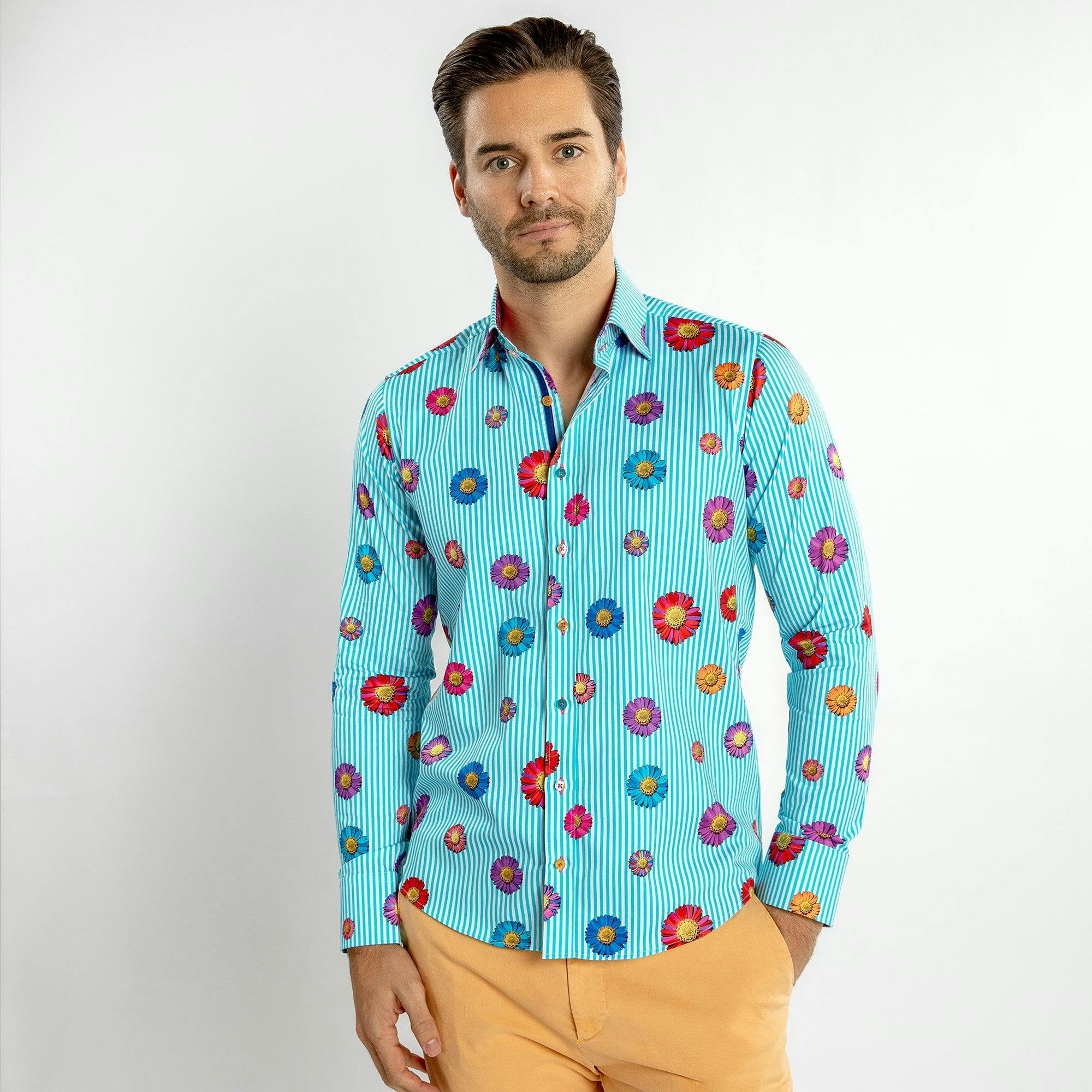 Claudio Lugli Daisy Stripe Print Shirt - Aqua - 6XL