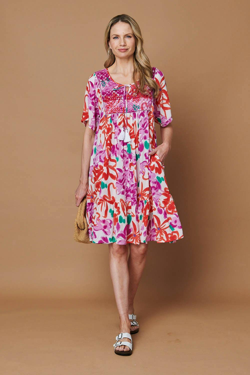 Izabel London Pink Printed Tassel Knee Length Smock Dress - 12