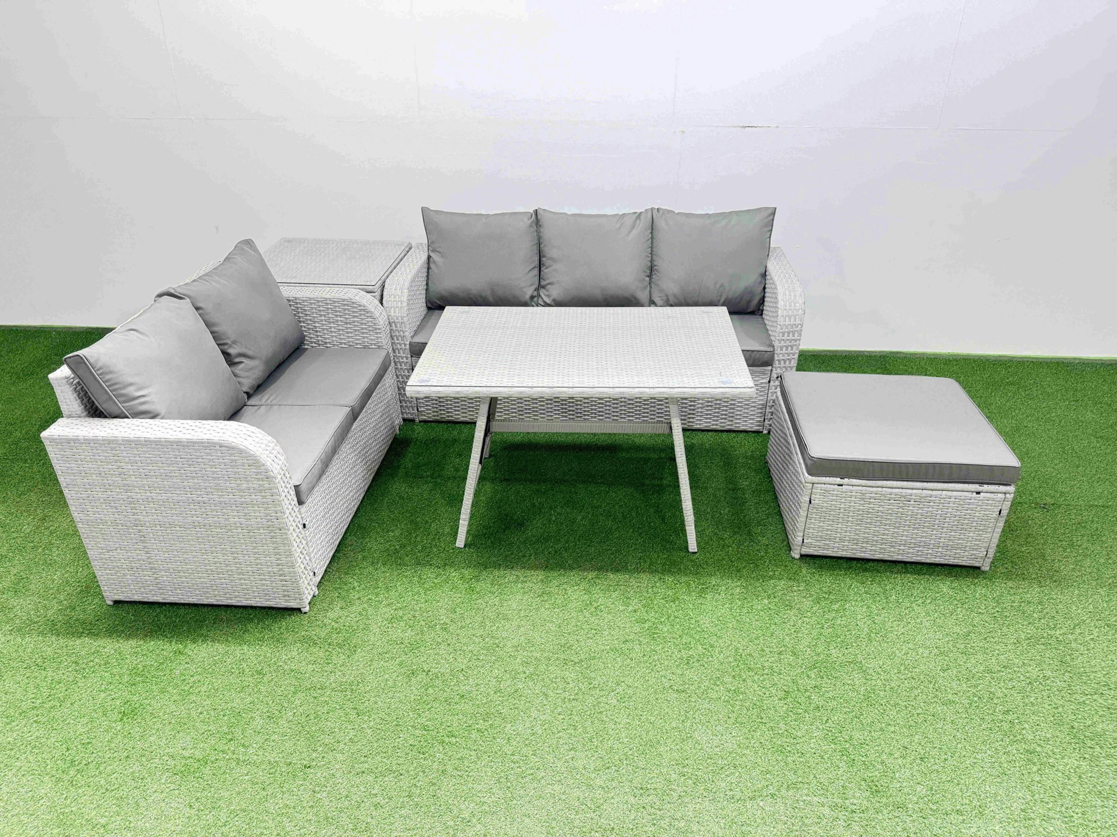 Rackhams Light/Grey Outdoor Pe Rattan Garden Furniture Set Rectangular Dining Table Sofa Set With Big Stool Side Table