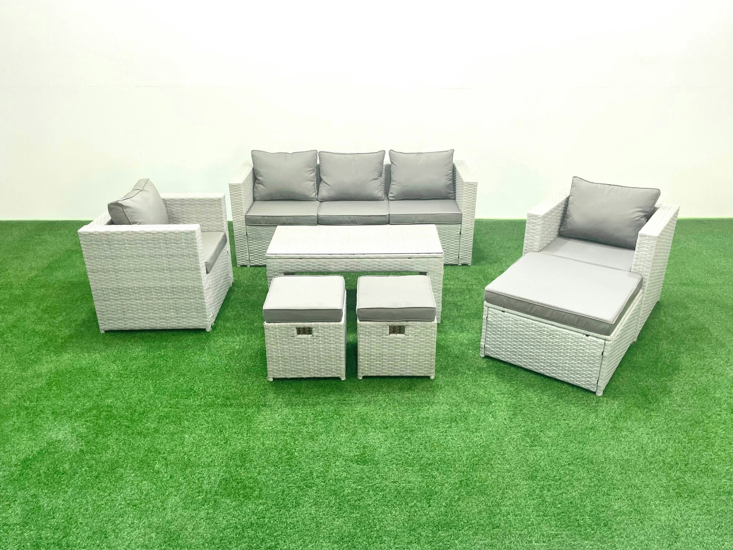 Rackhams Light/Grey Rattan Garden Furniture Set 8 Seater Outdoor Garden Sofa Oblong Coffee Table Set With 2 Chairs 3 Stools Mixed