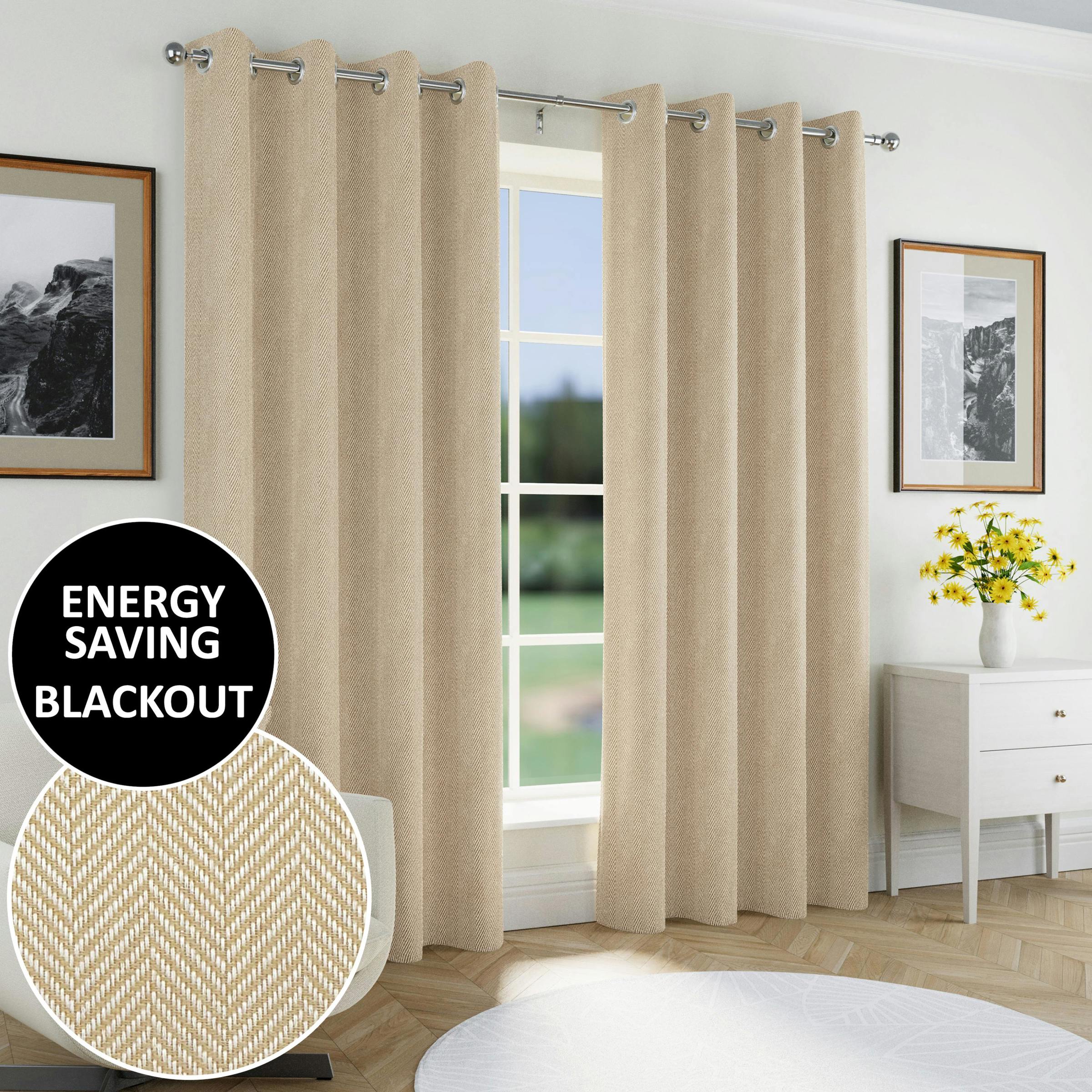Enhanced Living Light Natural Herringbone Jacquard Blackout Eyelet Curtains - Bedroom & Living Room - 46" (117Cm) Width X 72" (183Cm) Drop