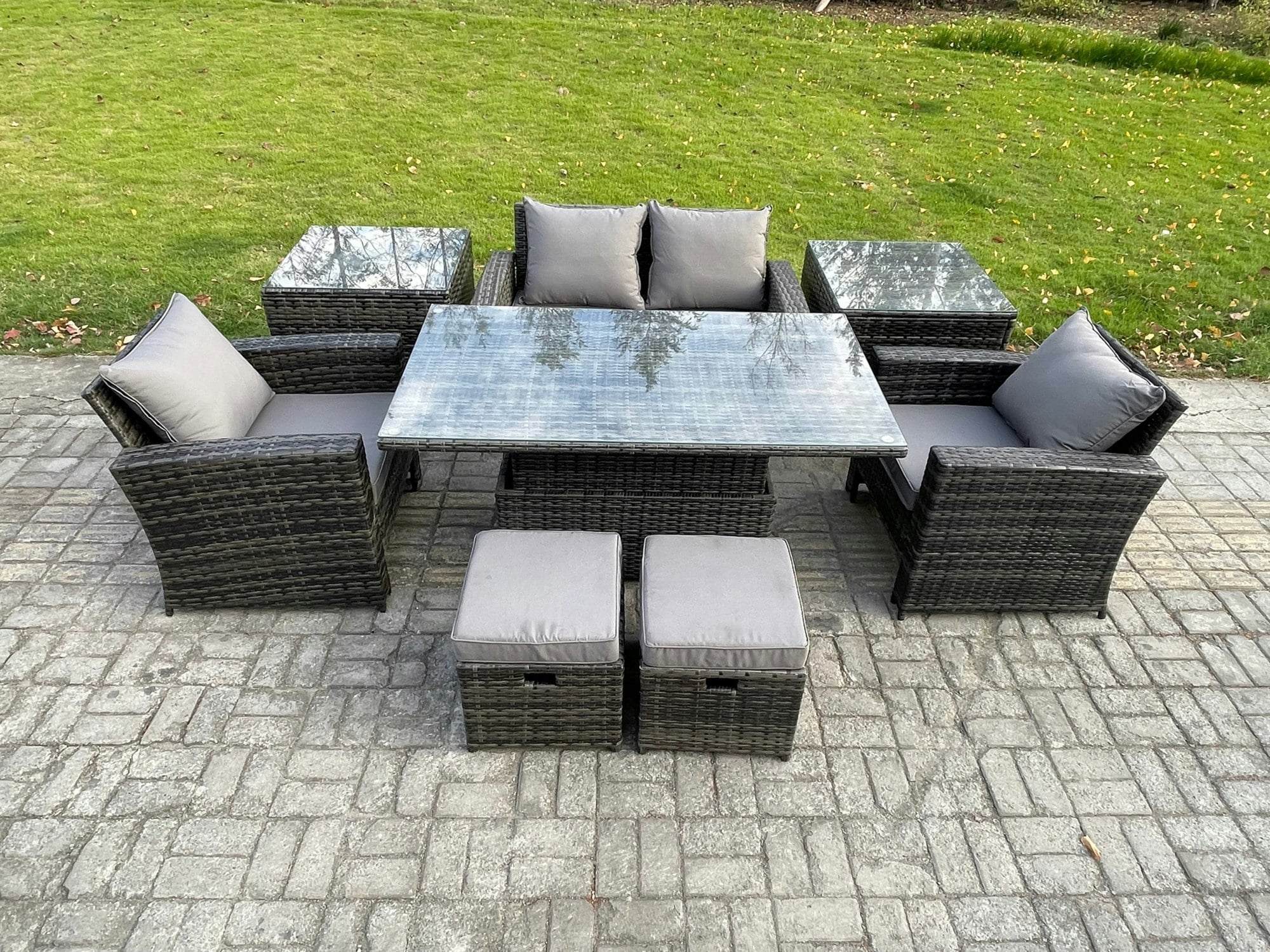 Rackhams Dark/Grey High Back Rattan Garden Furniture Sofa Sets With Height Adjustable Rising Lifting Table 2 Side Tables 2 Small Footstools Mixed