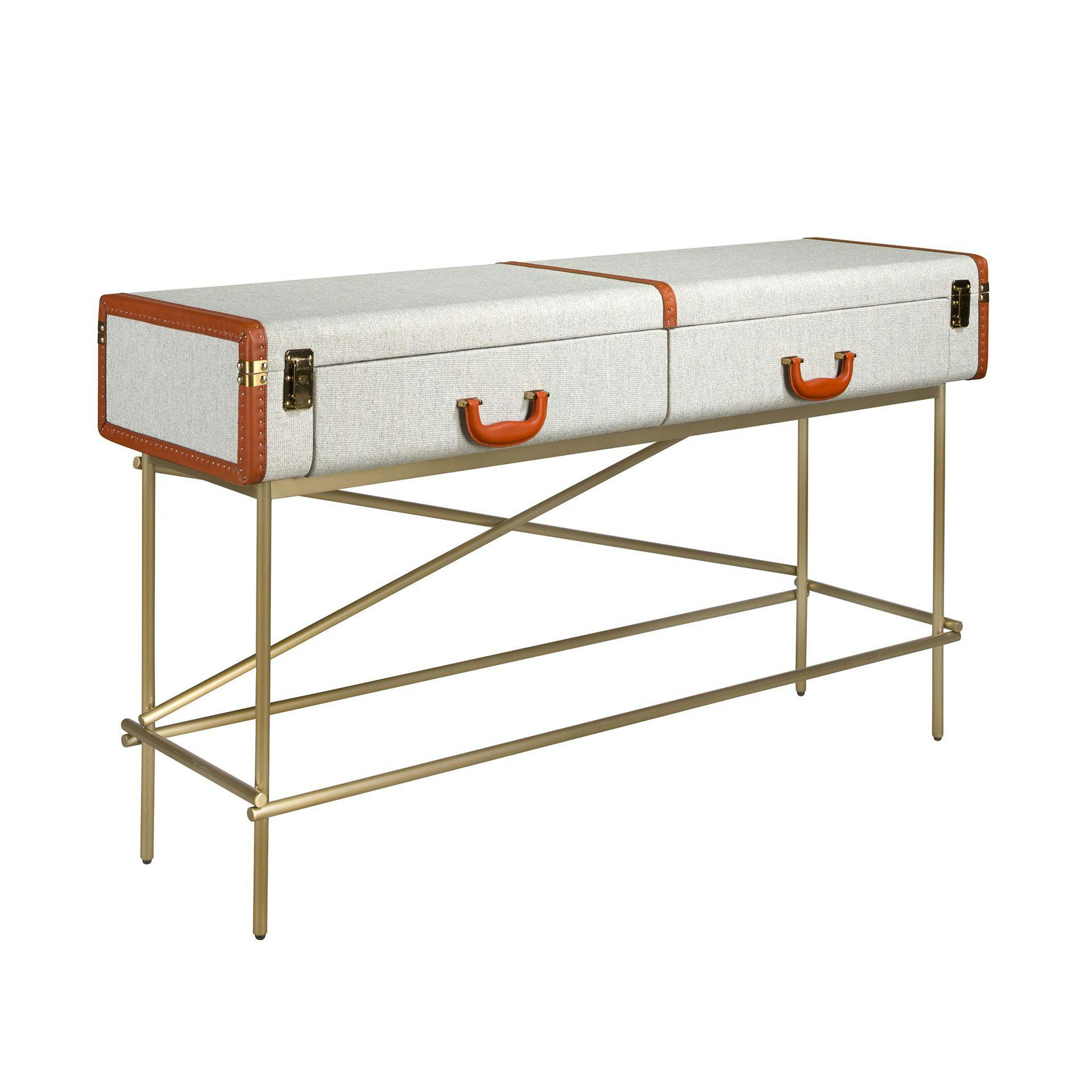 Rackhams Golden Rectangular Console Table, Fabric, Walnut And Polished Steel 3271