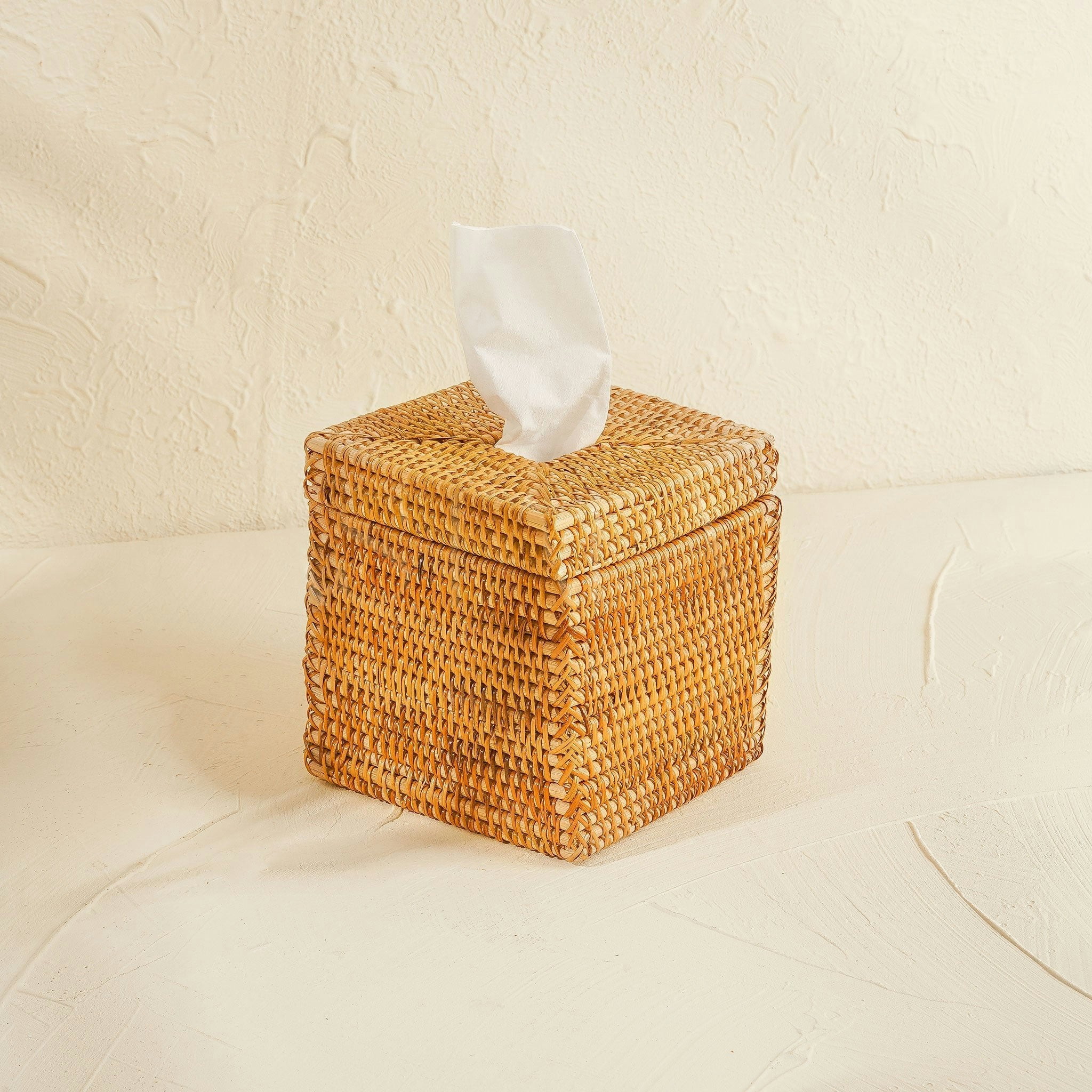 Rackhams White/Brown/Dark Square Rattan Tissue Cover - Wicker Tissue Boxes - Natural