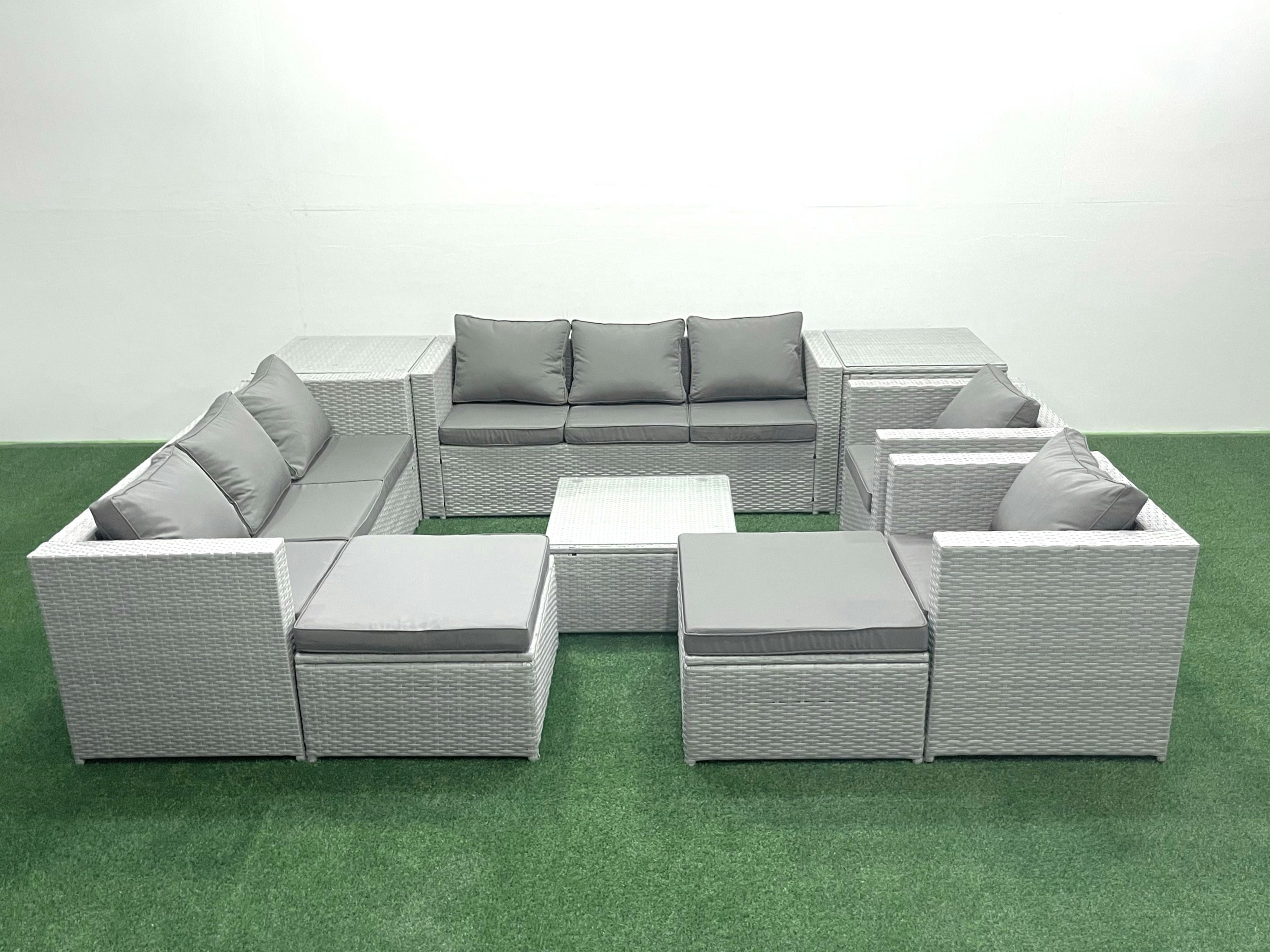 Fimous Light/Grey Outdoor Rattan Sofa Garden Furniture Set With 2 Armchairs Square Coffee Table 2 Big Footstools 2 Side Tables Mixed