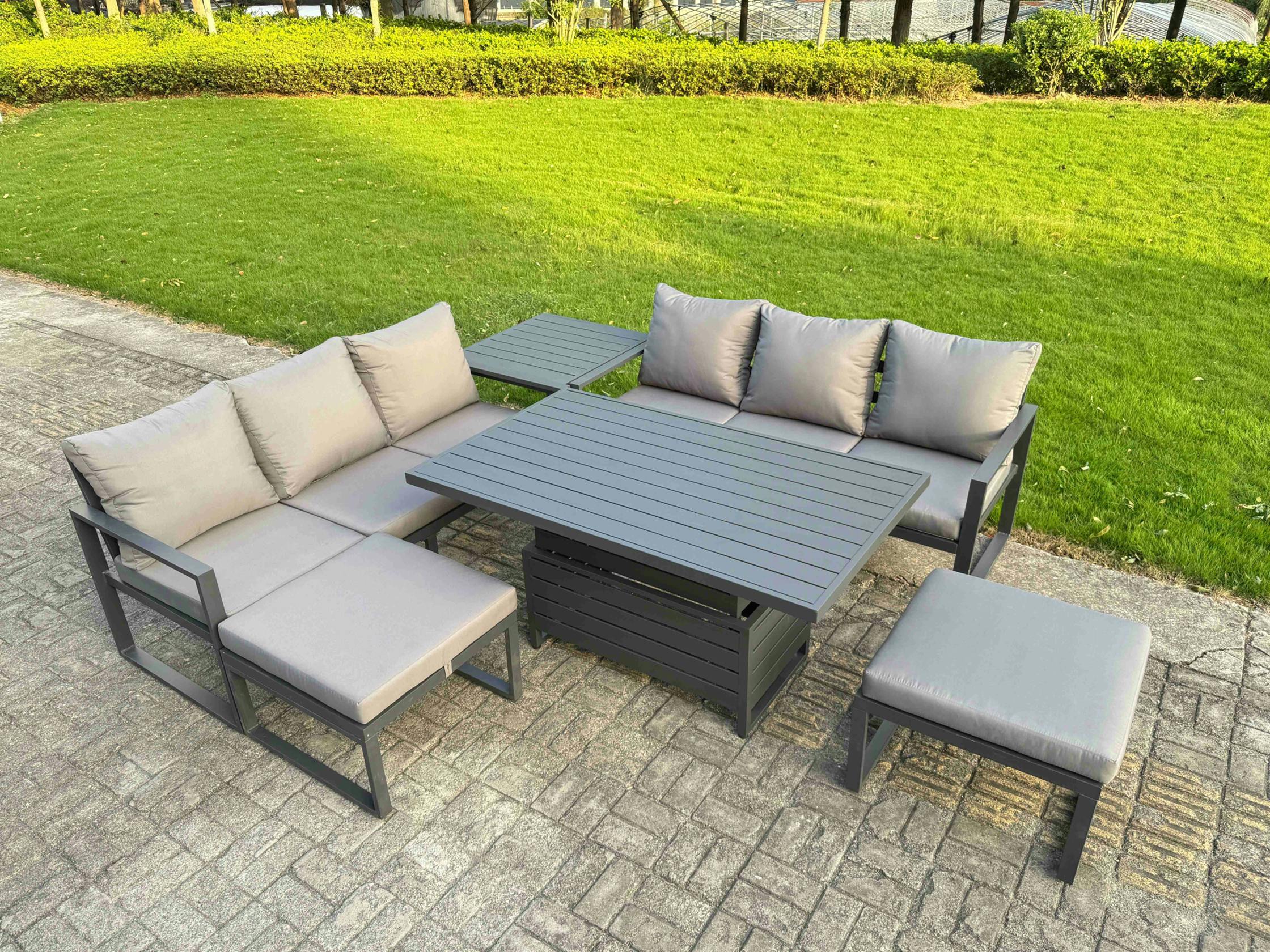 Rackhams Dark/Grey 8 Seater Aluminium Garden Furniture Set With Adjustable Rising Dining Table, 2 Sofas, Side Table, 2 Footstools