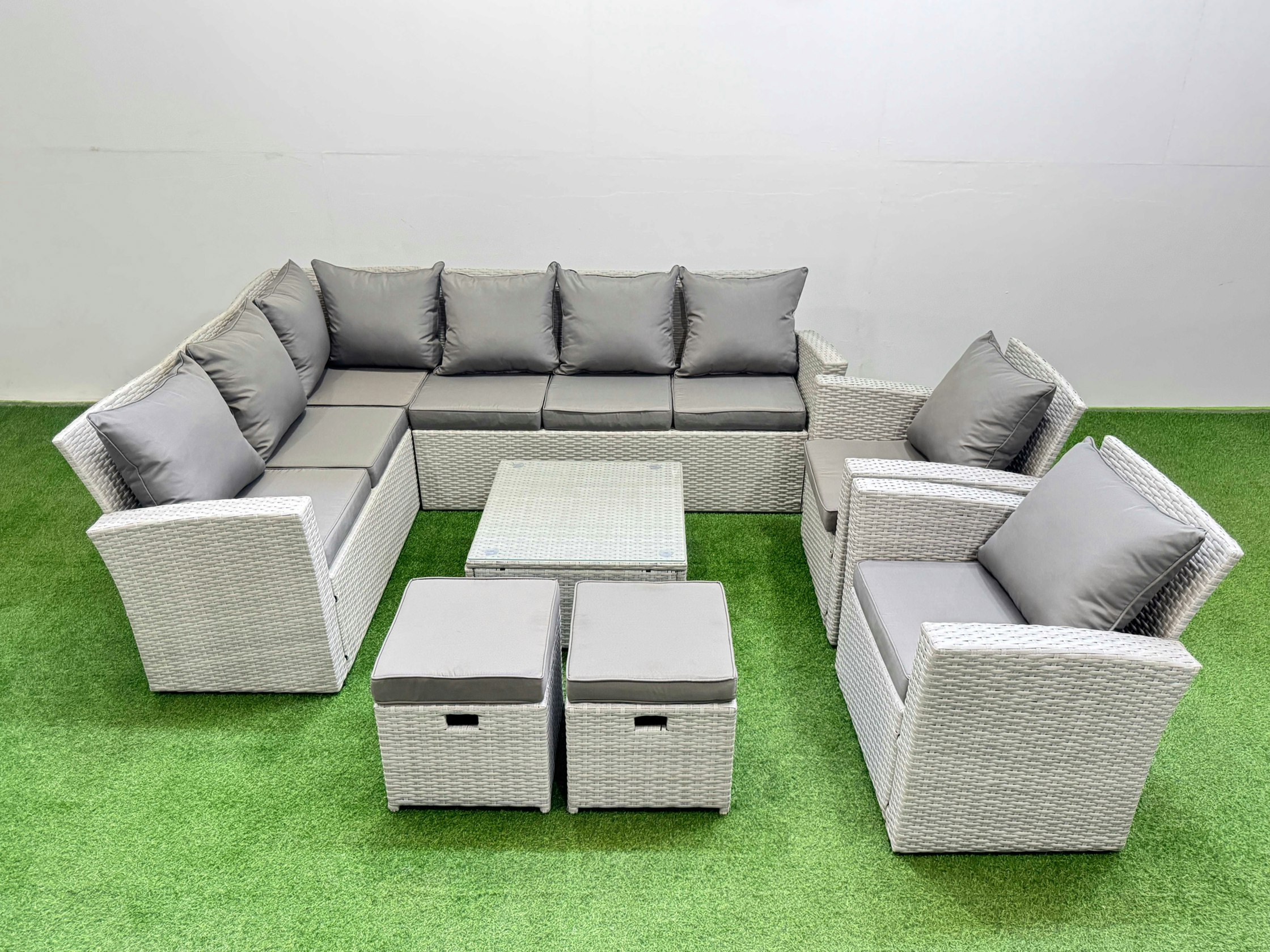 Fimous Light/Grey Outdoor Rattan Garden Furniture Set 10 Seater Corner Sofa Sets With Square Coffee Table Chair 2 Small Footstool Mixed