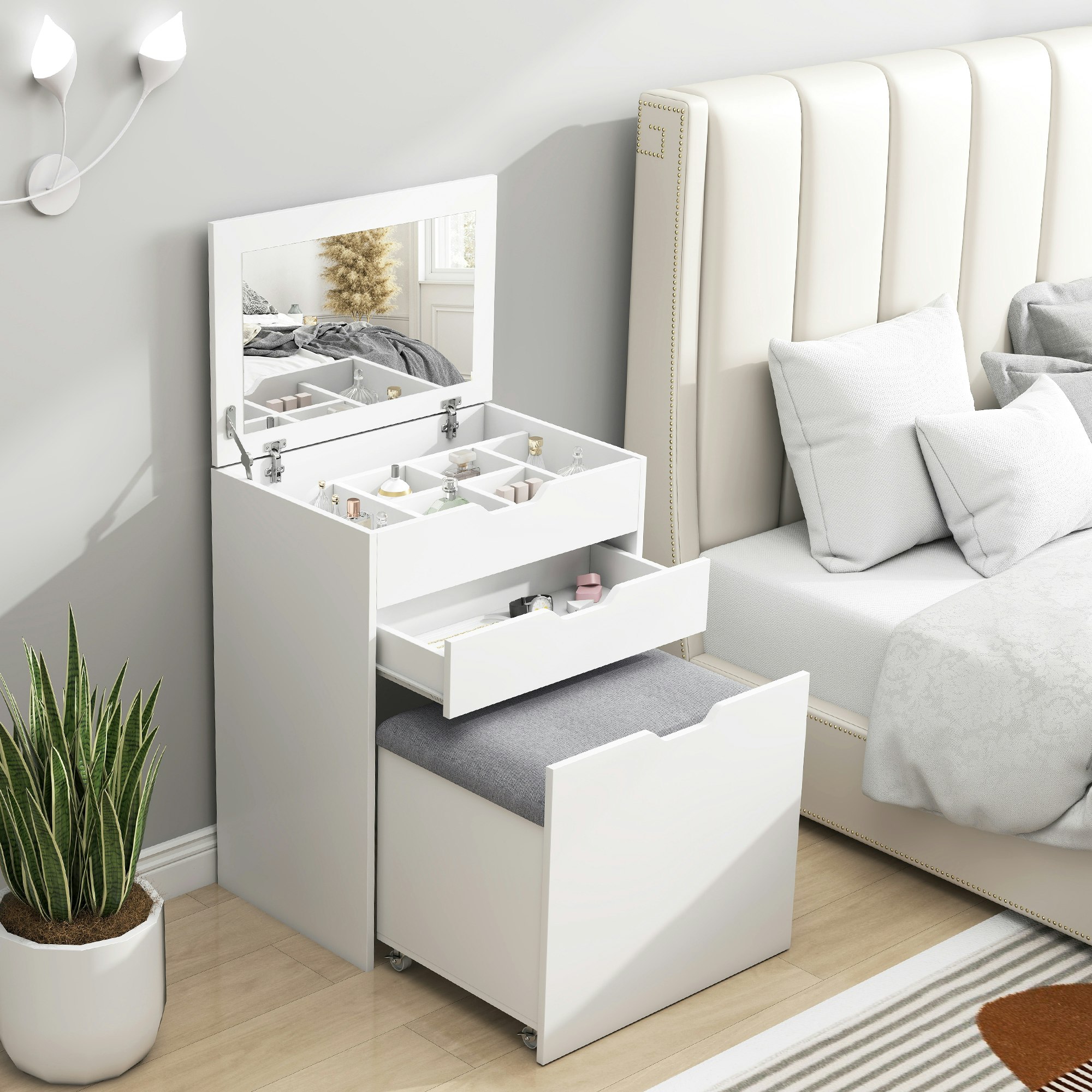 Rackhams Girls White Dressing Table With Mirror And Stool, Vanity Table With Storage, - 60Cmx40cmx114cm