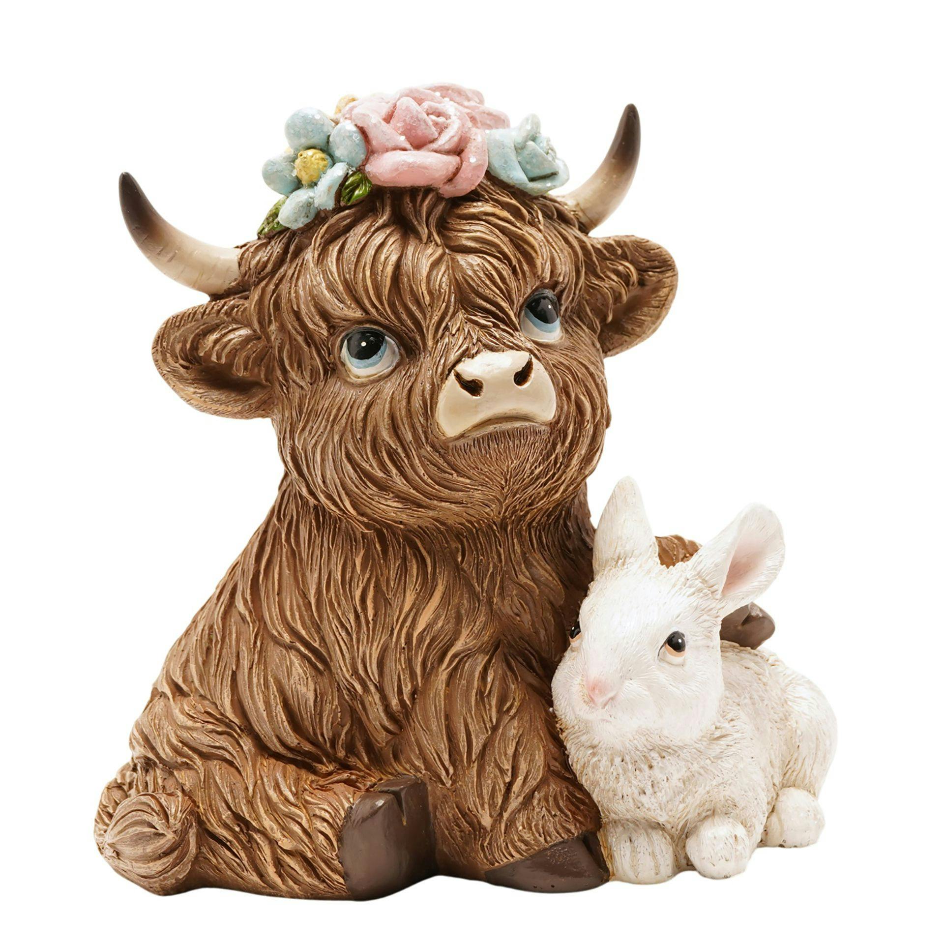 Rackhams White/Brown Highland Cow With Spring Bunny