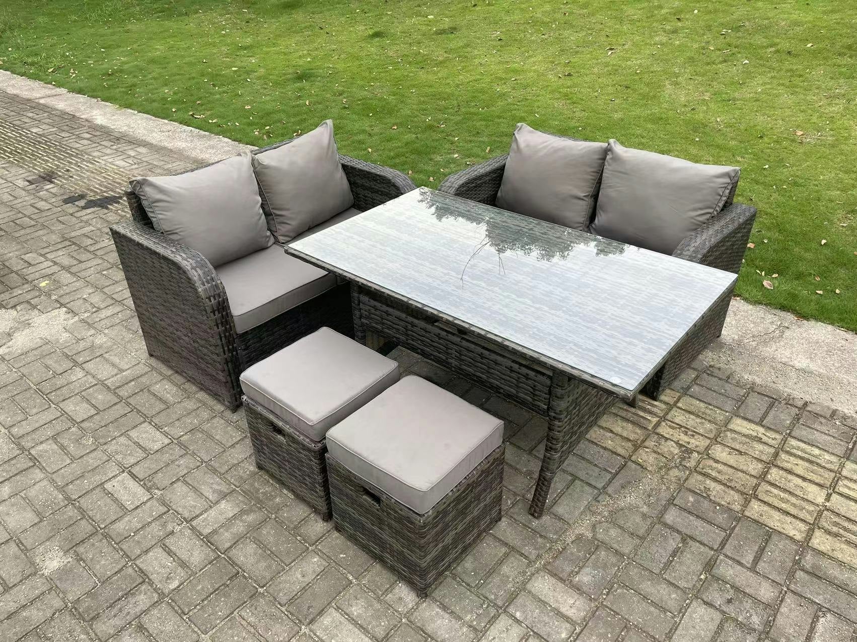 Fimous Dark/Grey 6 Seater Mixed Pe Wicker Rattan Garden Furniture Set Love Sofa 2 Seater Sofa Set Outdoor Rectangular Dining Table With 2 Stools