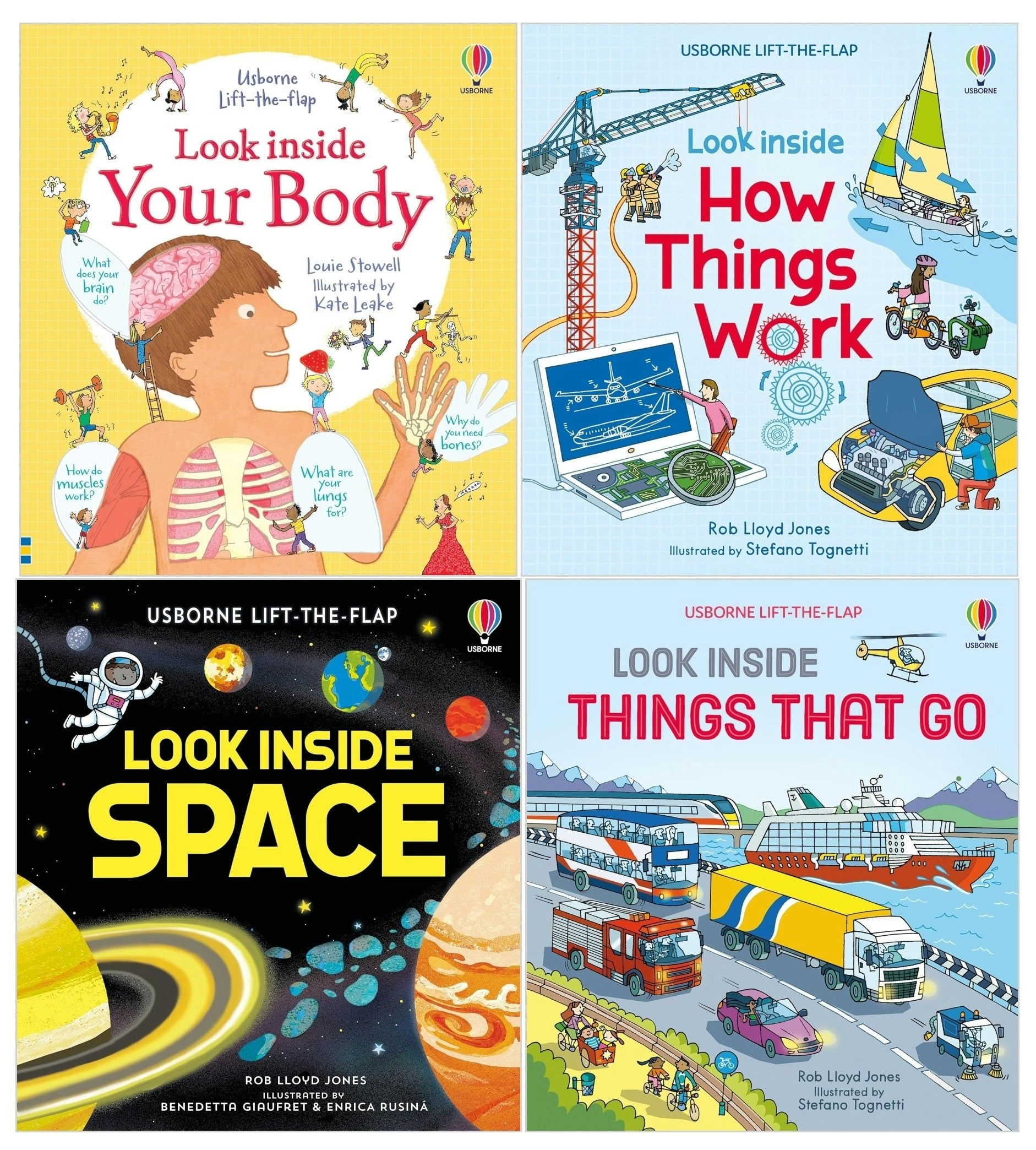 Various Publishers Usborne Lift-The-Flap Look Inside Series 4 Books Set (Your Body, Space, Things That Go, How Things Work)