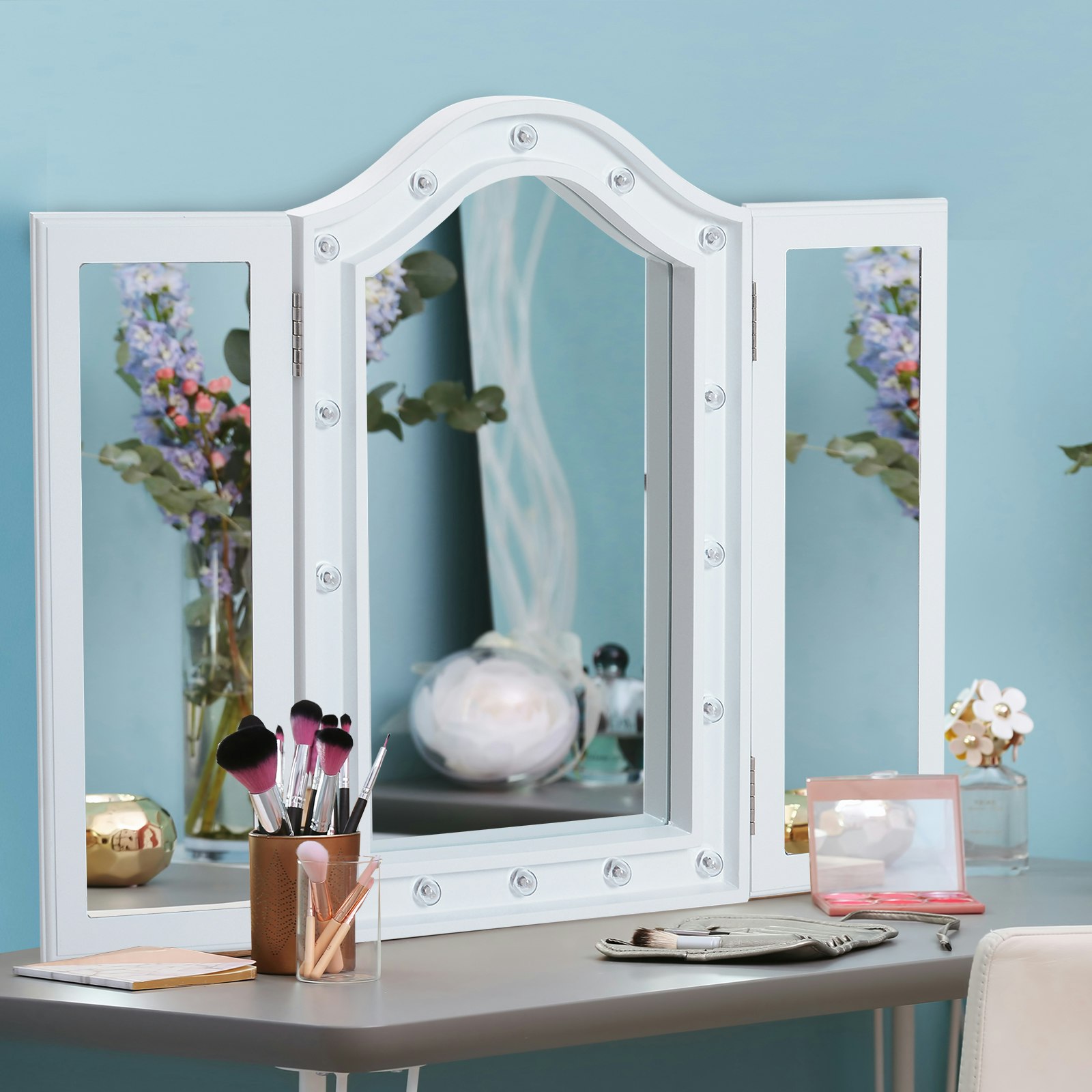 Homcom White Lighted Tri-Fold Vanity Mirror Large Cosmetic Mirror W/ Led Lights
