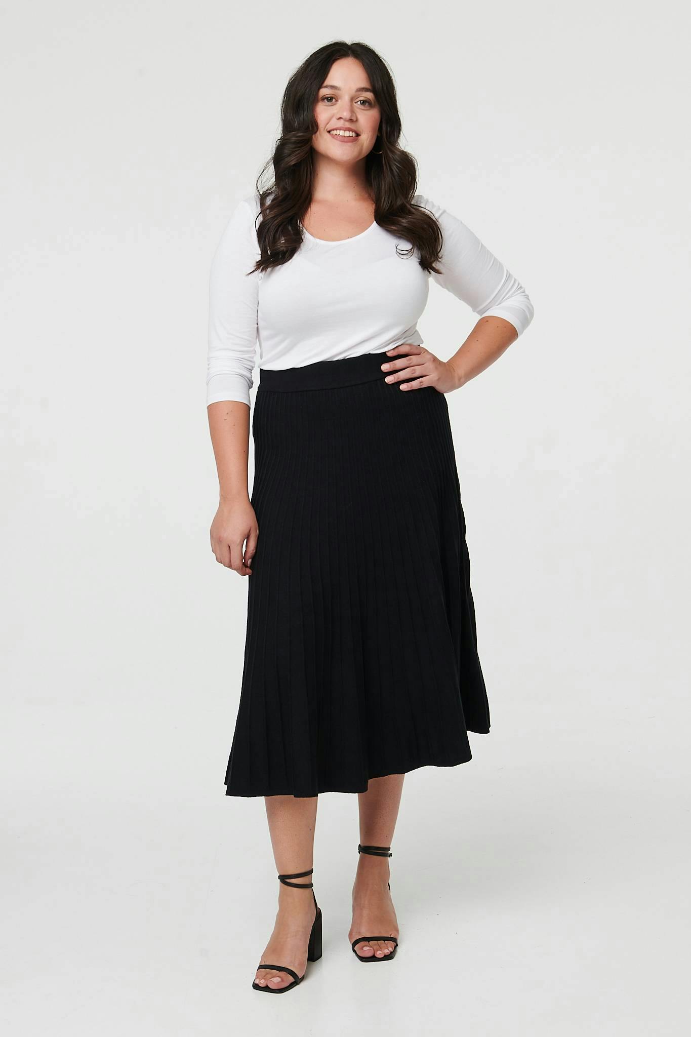 Izabel London Black Curve High Waist Pleated Knit Midi Skirt - 20