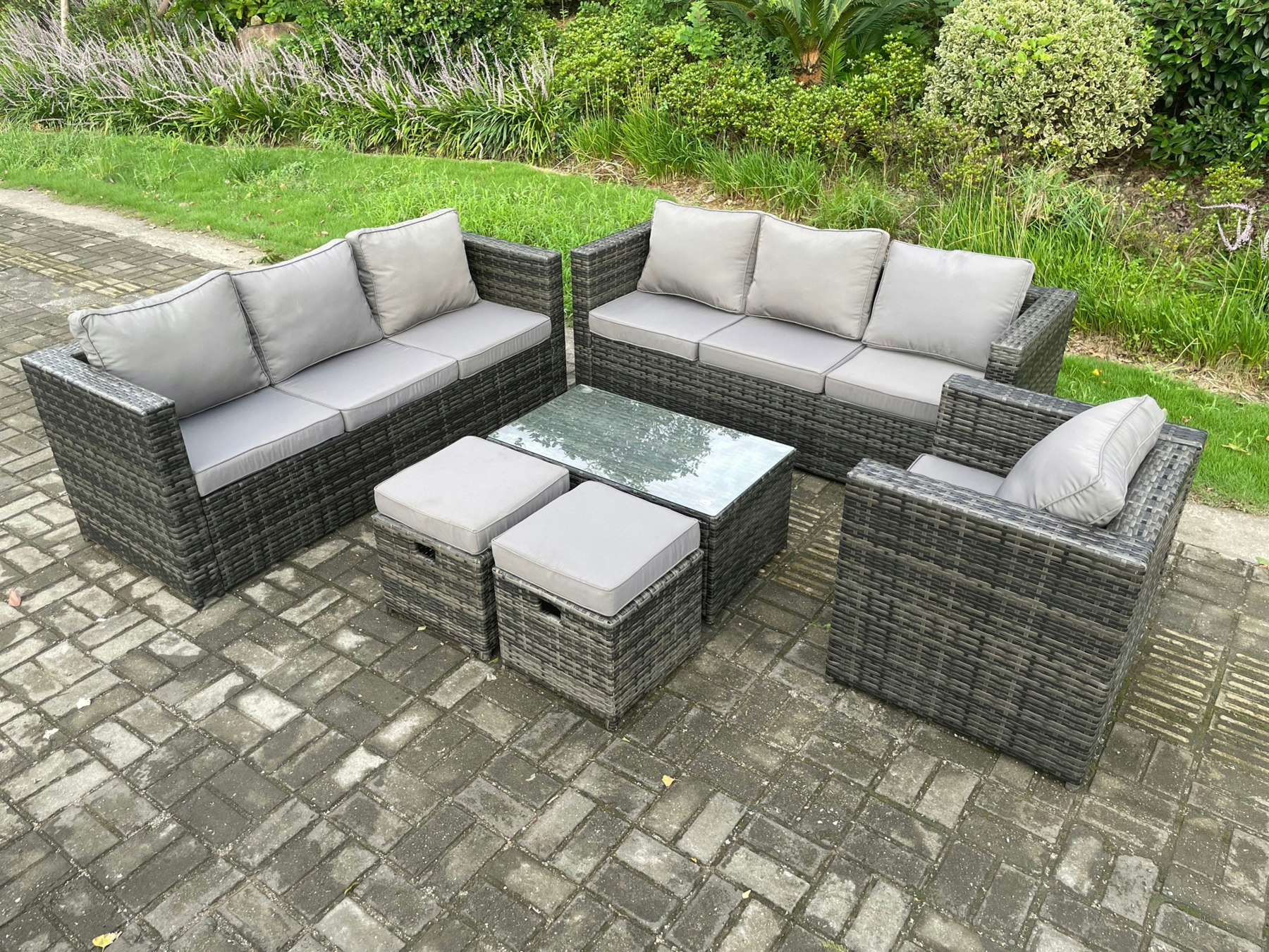 Rackhams Dark/Grey Wicker Pe Rattan Sofa Set Outdoor Patio Garden Furniture With Armchair Oblong Coffee Table 2 Small Footstools Mixed