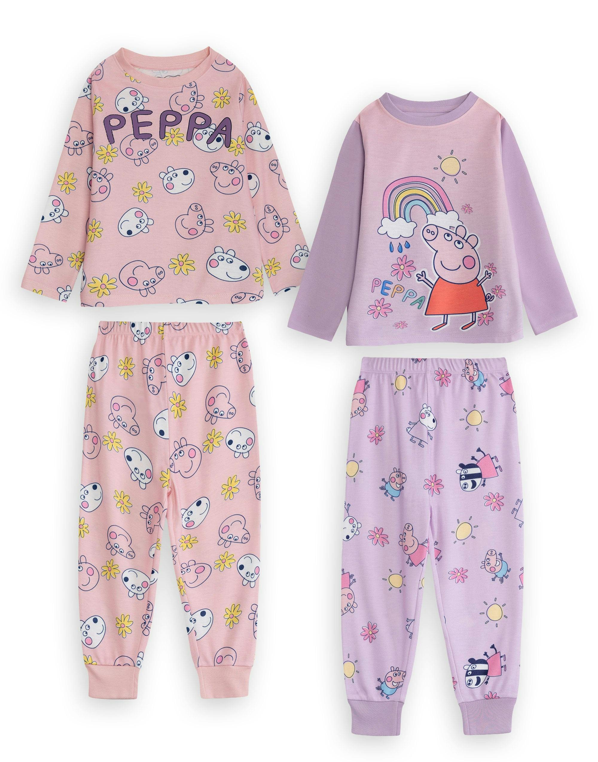 Vanilla Underground Girls Pink/Purple Peppa Pig Multicoloured Character Long Sleeve Long Leg Pyjama Set - 18-24 Months