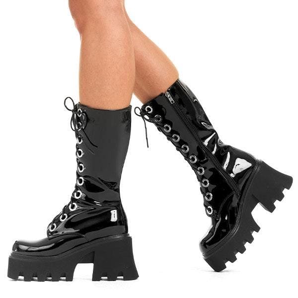 Lamoda Get Paid Blackpat Chunky Platform Calf Boots Streetwear Fashion - Uk7
