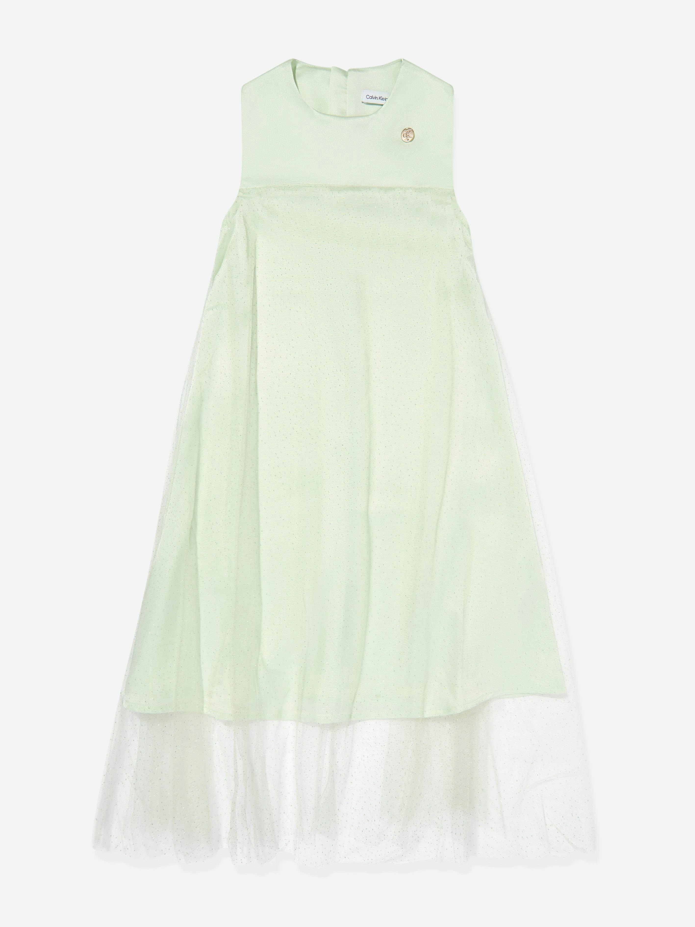 Calvin Klein Girls Green Shimmer Layered Dress In - 16 Yrs
