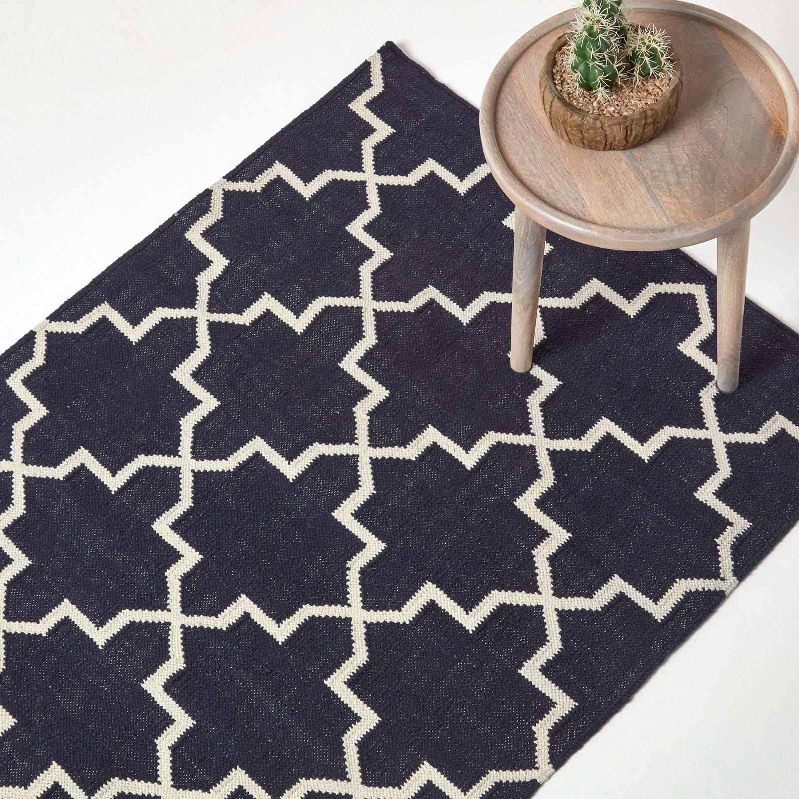 Homescapes Blue/White Edmonton Handwoven Navy And Cotton Geometric Kilim Rug - 120 X 170 Cm