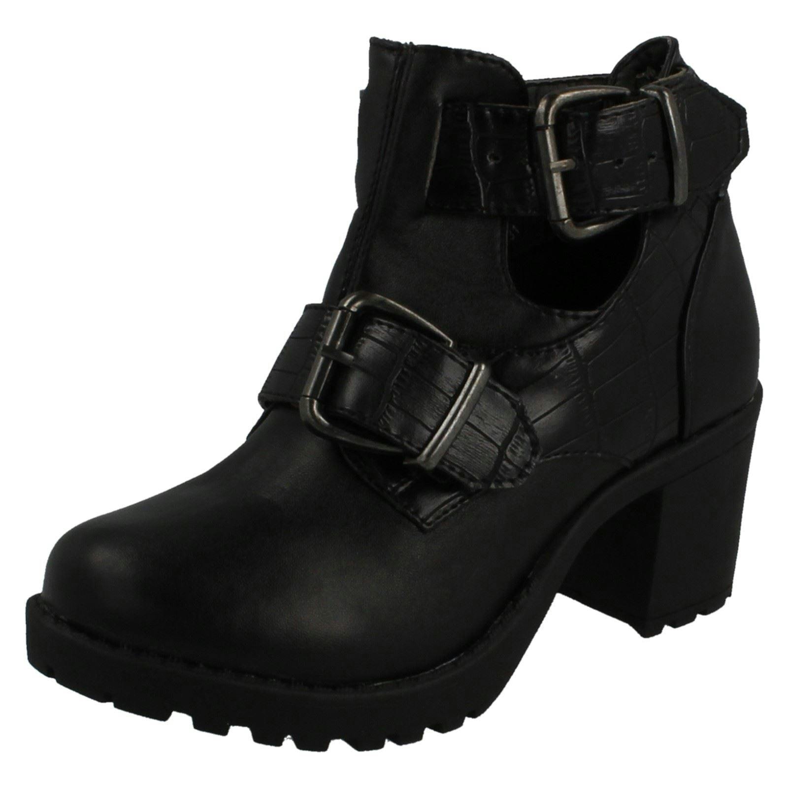 Red:tag Girls Red/Black :Tag Tag Buckle Strap Block Heel Ankle Boots - Uk 3 Child