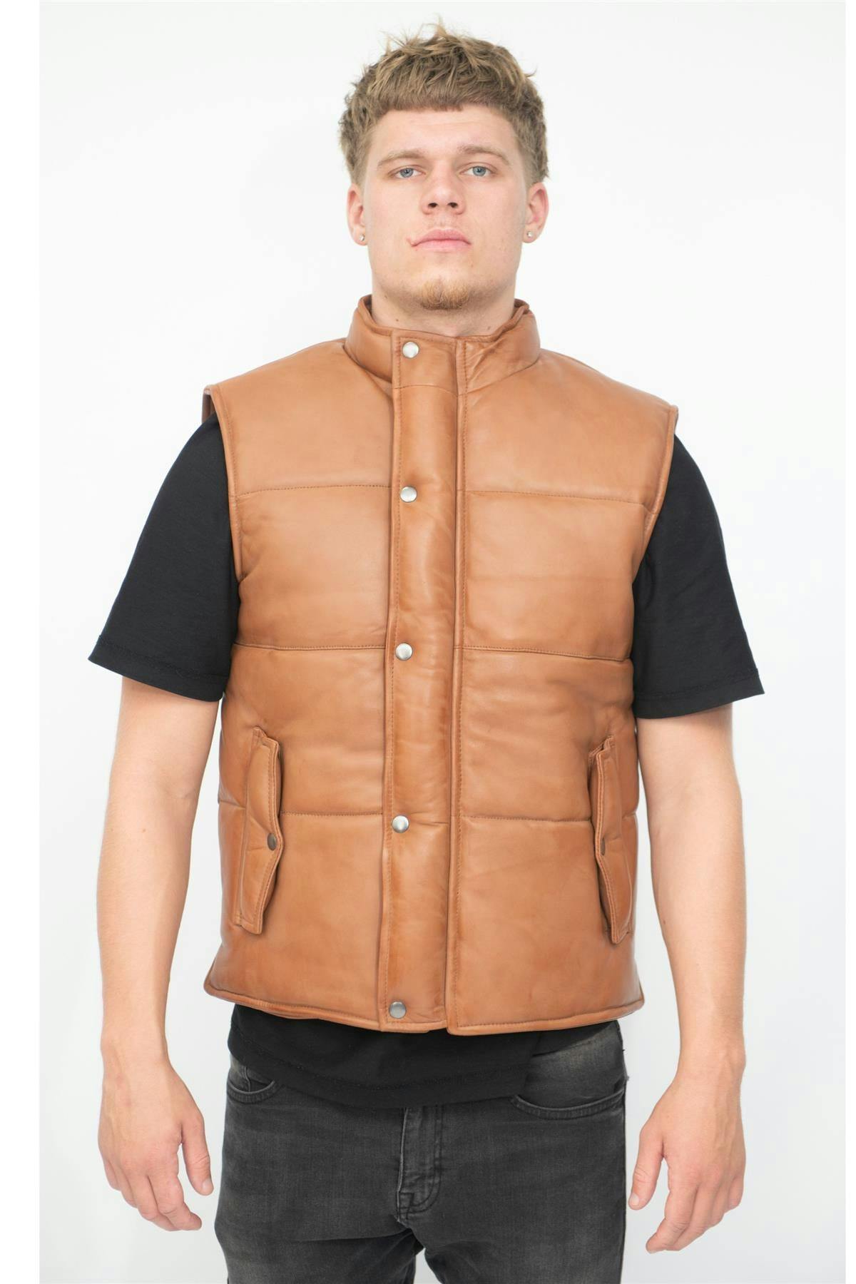 Infinity Leather Men's Grain/Black Classic Leather Puffer Waistcoat-Nottingham - Tan - Uk 3XL | Eu 56 | Us 46